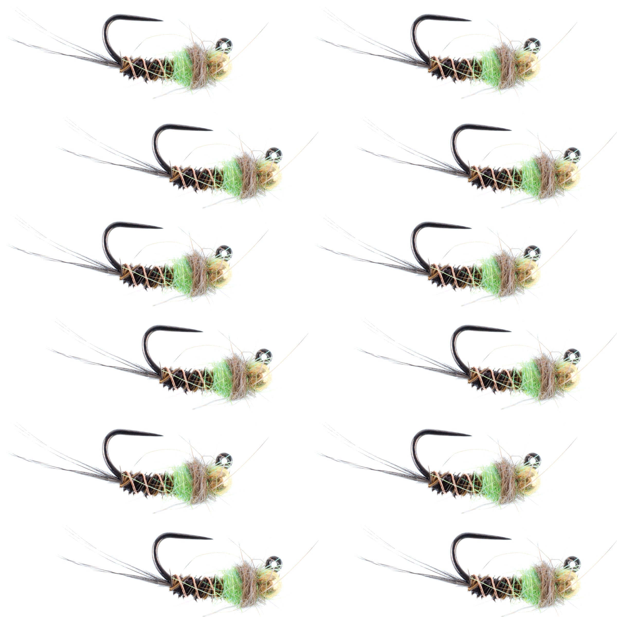 Jig táctico de cola de faisán con punto de tungsteno, ninfa checa chartreuse, mosca para ninfa europea - Docena de moscas, tamaño 14