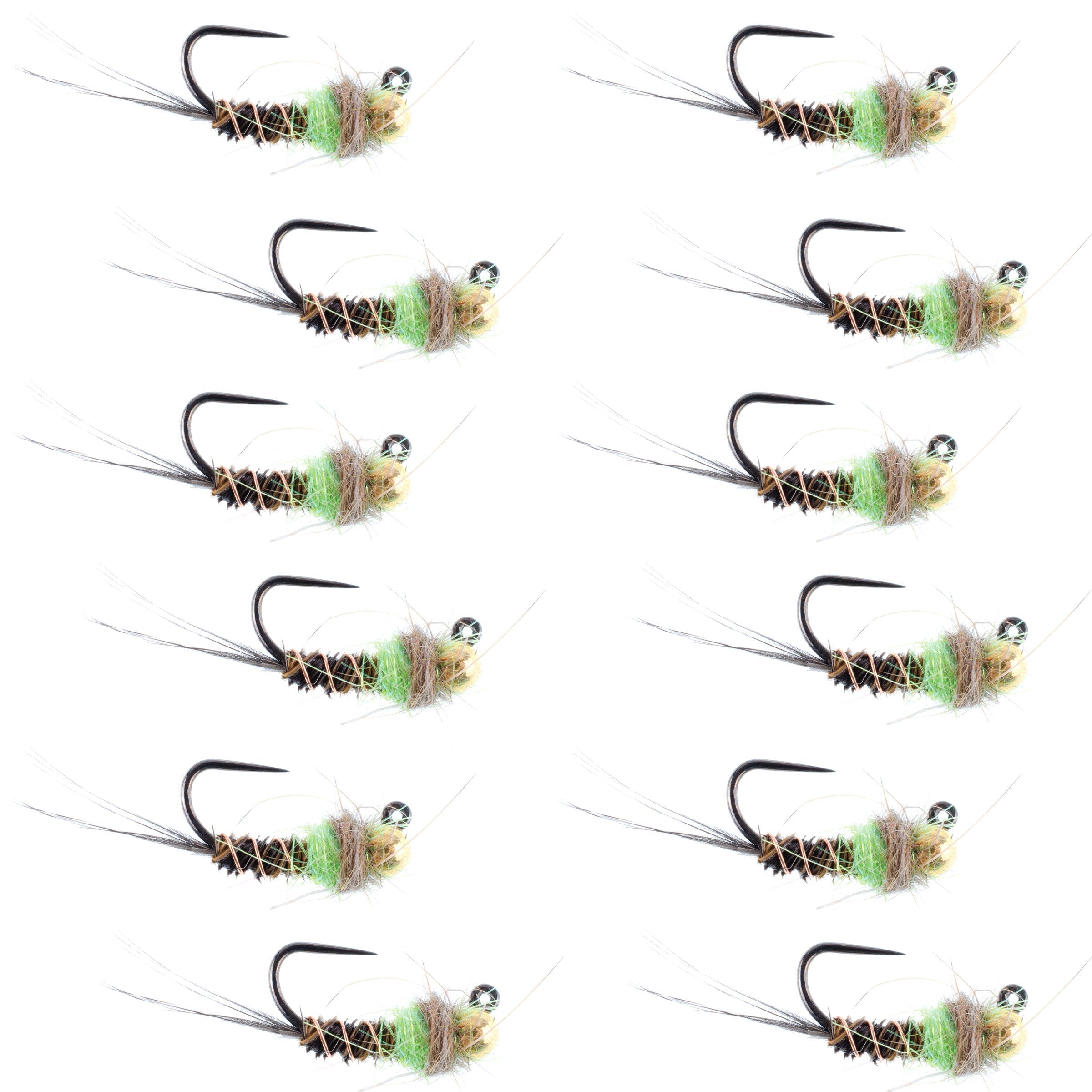 Jig táctico de cola de faisán con punto de tungsteno, ninfa checa chartreuse, mosca para ninfa europea - Docena de moscas, tamaño 18