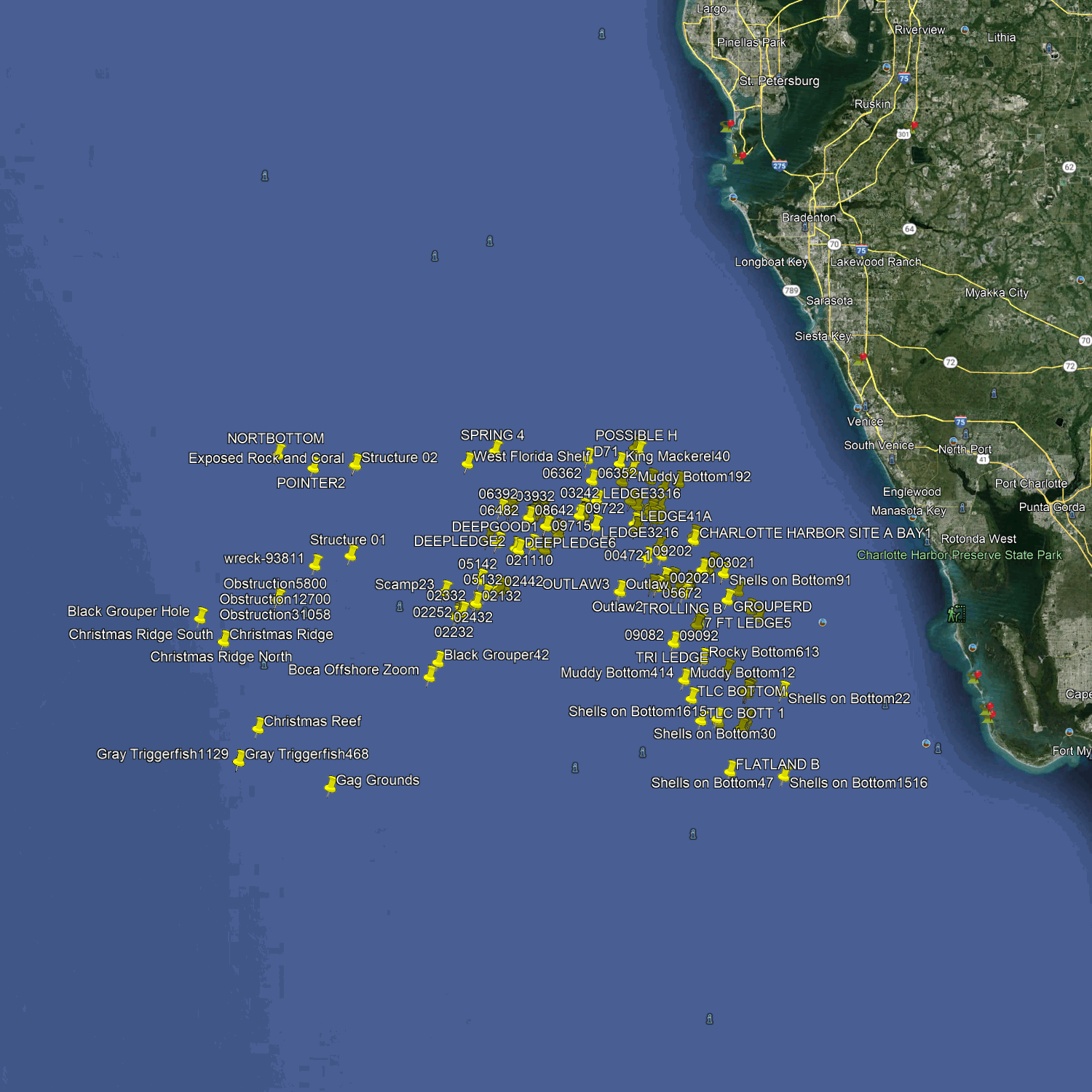 Lieux de pêche en haute mer à Venise et Pt Charlotte - Numéros