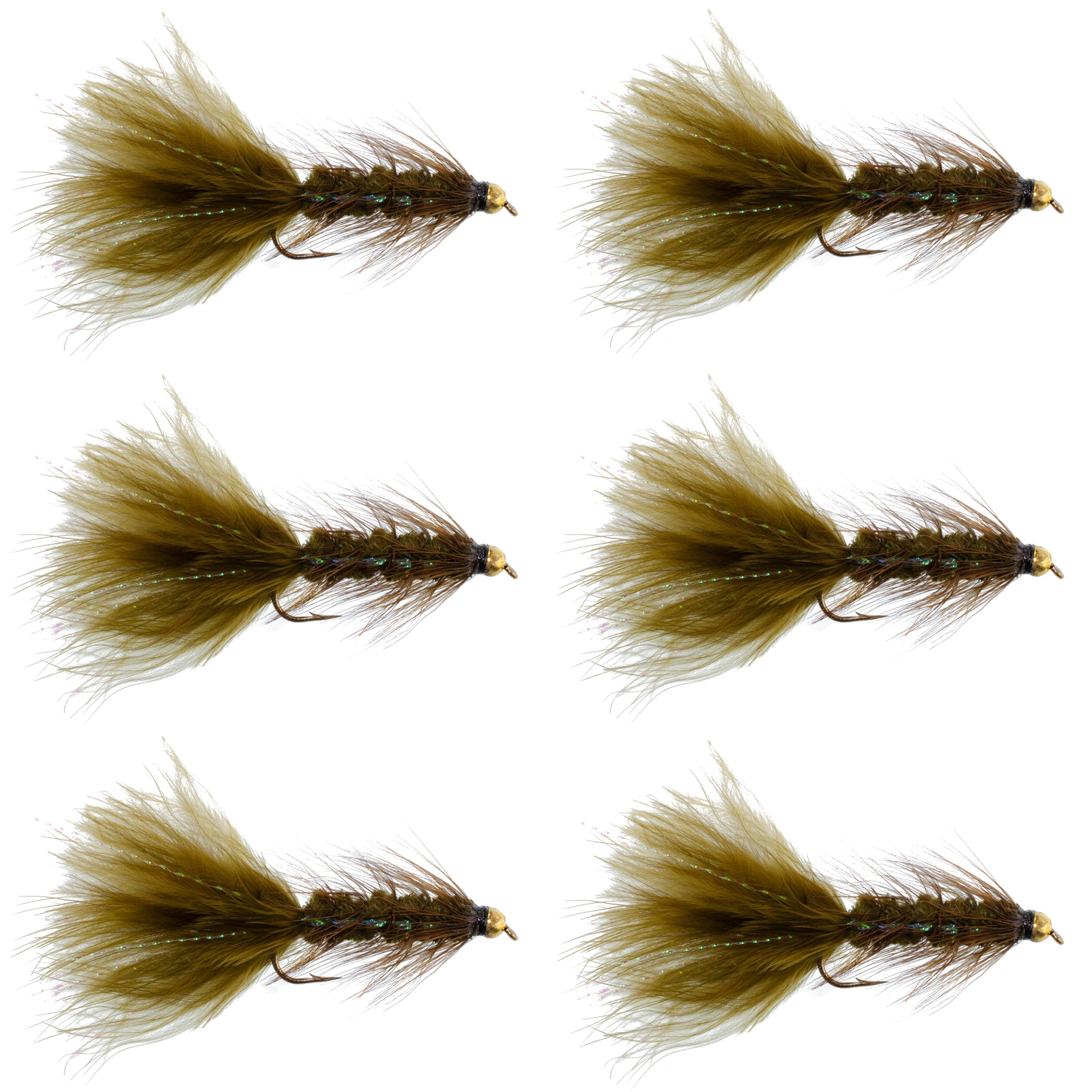 Moscas clásicas de serpentina Crystal Woolly Bugger con cabeza de grano color oliva oscuro - Juego de 6 moscas para pesca de trucha - Anzuelo tamaño 8