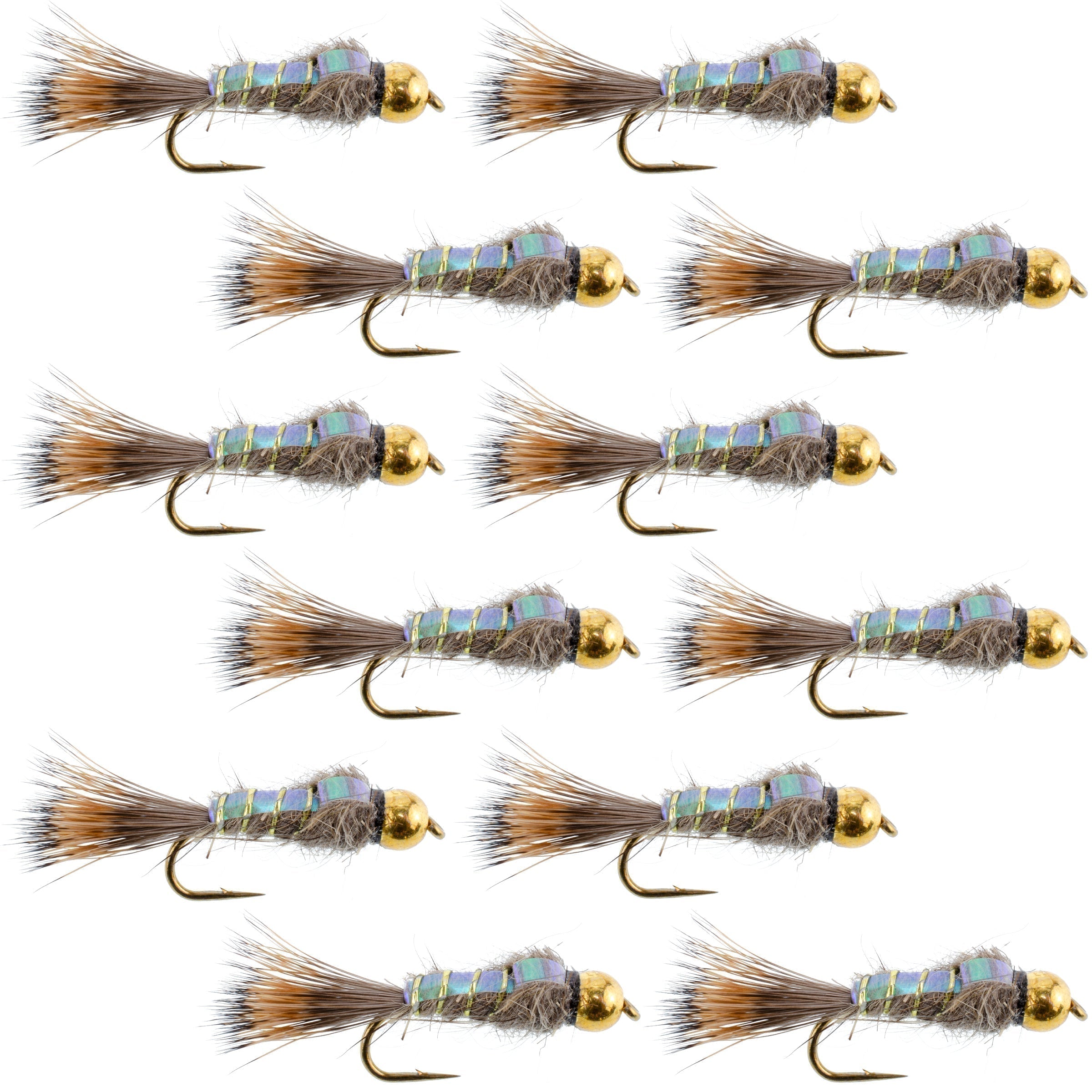 Mosca de trucha con forma de oreja de liebre acanalada dorada y cuentas de tungsteno, 1 docena de ninfas húmedas, tamaño 10