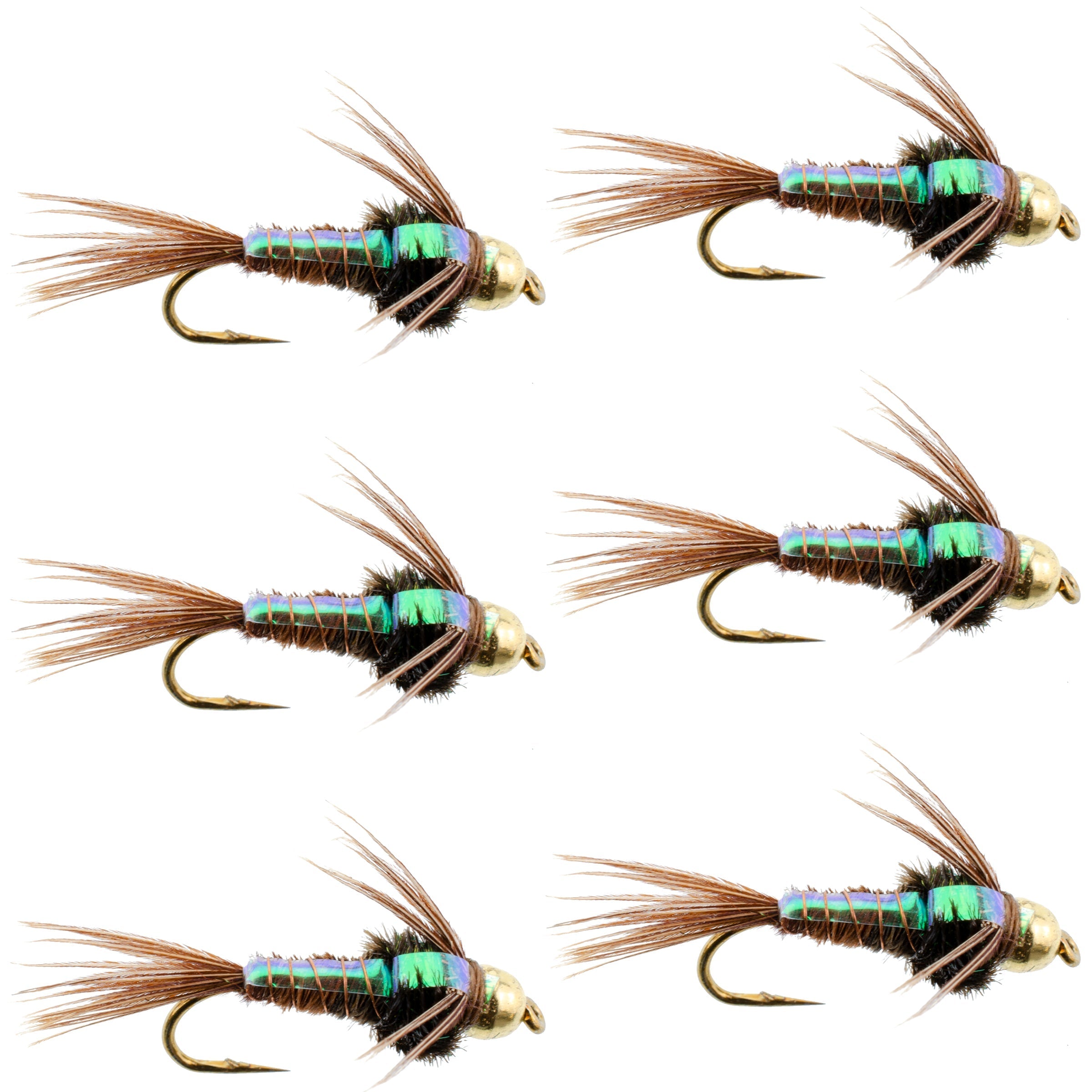 Moscas de pesca con mosca ninfa de cola de faisán con cabeza de cuenta Flash Back - 6 moscas tamaño de anzuelo 10