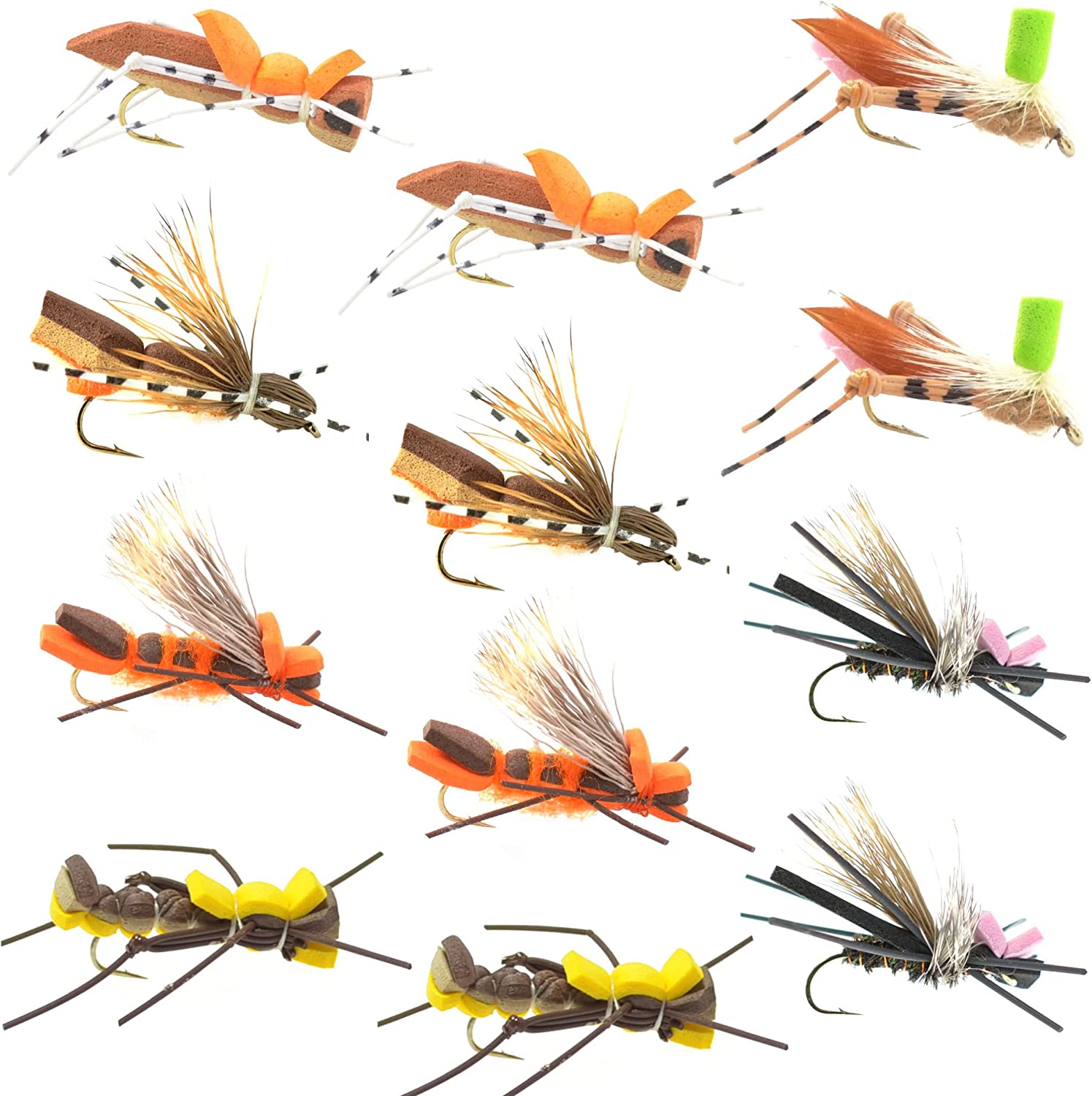 Surtido de moscas para pesca con mosca Foam Hopper - 12 moscas (2 de cada una de 6) Grasshopper Dropper Hopper con caja para moscas