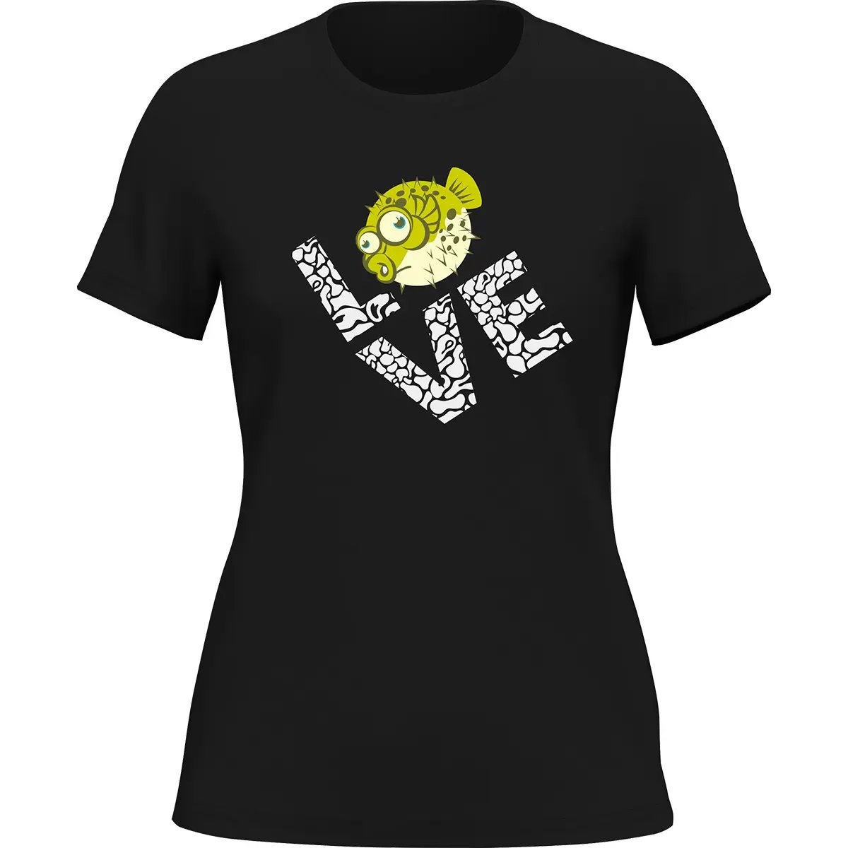 T-shirt « Love Fishing » pour femme, motif poisson-globe vert