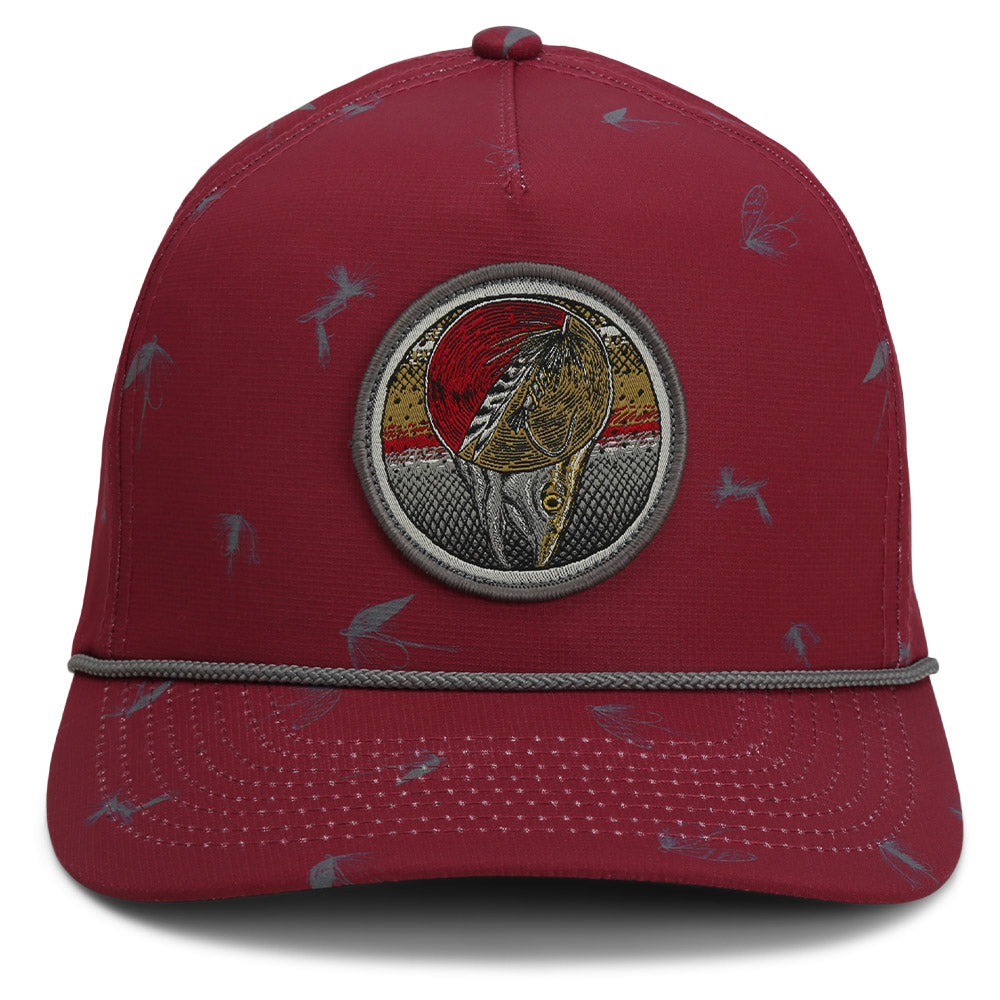 Gorra de cuerda con parche de pesca con mosca Dead Drift, diseño de mosca.