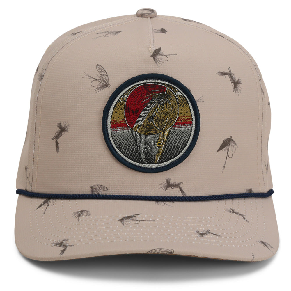 Gorra de cuerda con parche de pesca con mosca Dead Drift, diseño de mosca.