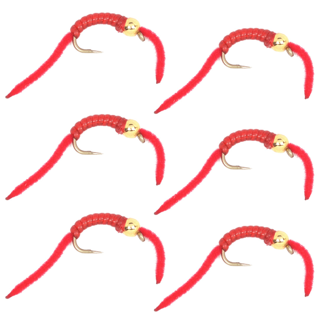 Moscas de gusano San Juan con cabeza de cuenta Power Worm Red V-Rib, juego de 6 ninfas, tamaño de anzuelo 10