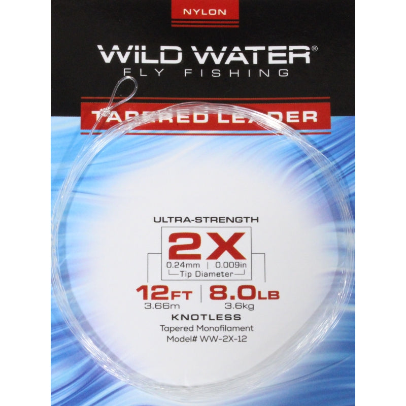 2X Líder de monofilamento de nylon cónico, 12' | Paquete de 6 | Pesca con mosca Wild Water
