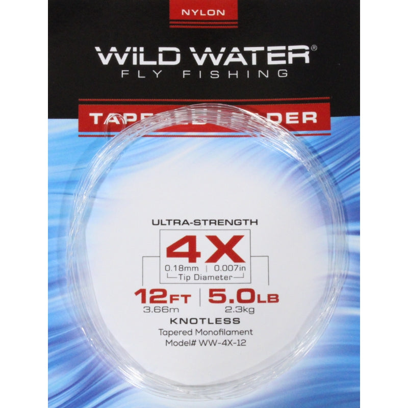 4X Líder de monofilamento de nailon cónico, 12' | Paquete de 6 | Pesca con mosca Wild Water