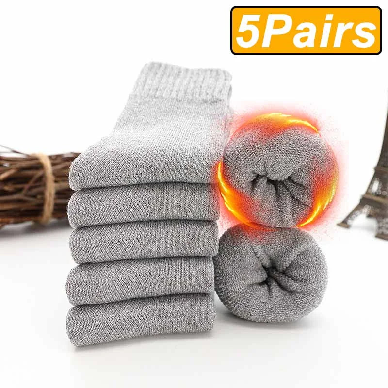 5 Pairs Winter Warm Men’s Socks Wool Male Women Socks Super Thicker Solid Socks Merino Wool Socks Against Cold Snow Terry Socks Bobber Bargain