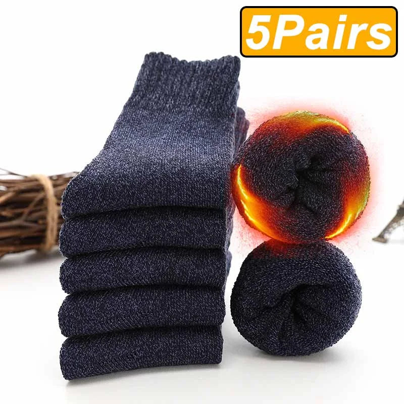 5 Pairs Winter Warm Men’s Socks Wool Male Women Socks Super Thicker Solid Socks Merino Wool Socks Against Cold Snow Terry Socks Bobber Bargain