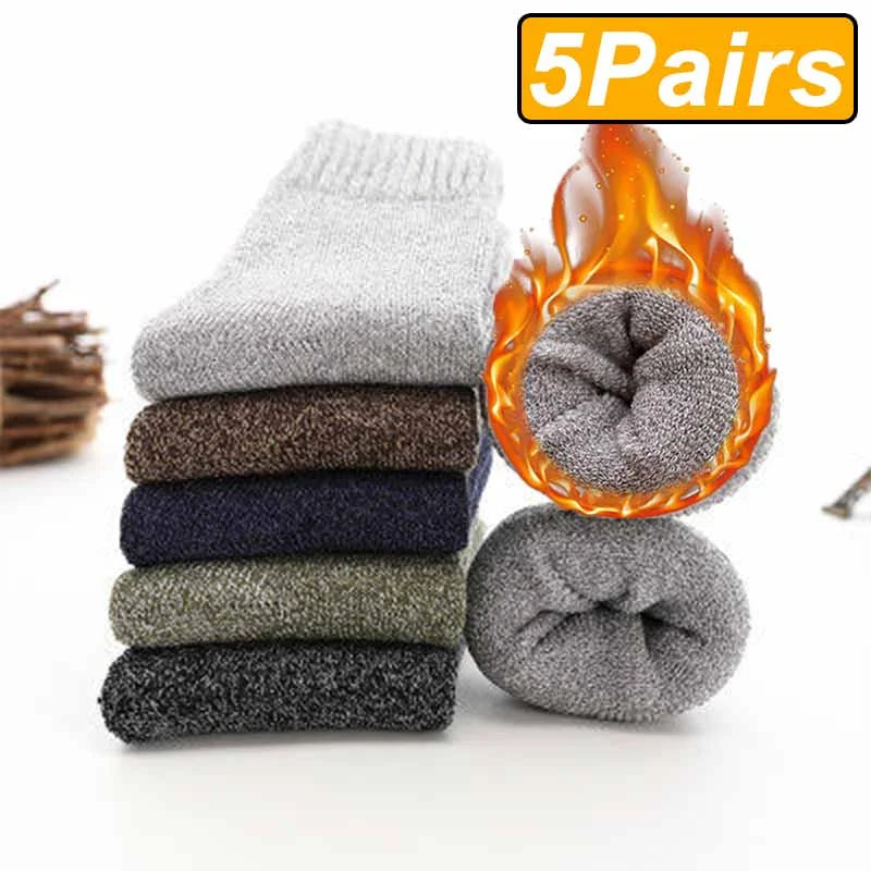 5 Pairs Winter Warm Men’s Socks Wool Male Women Socks Super Thicker Solid Socks Merino Wool Socks Against Cold Snow Terry Socks Bobber Bargain