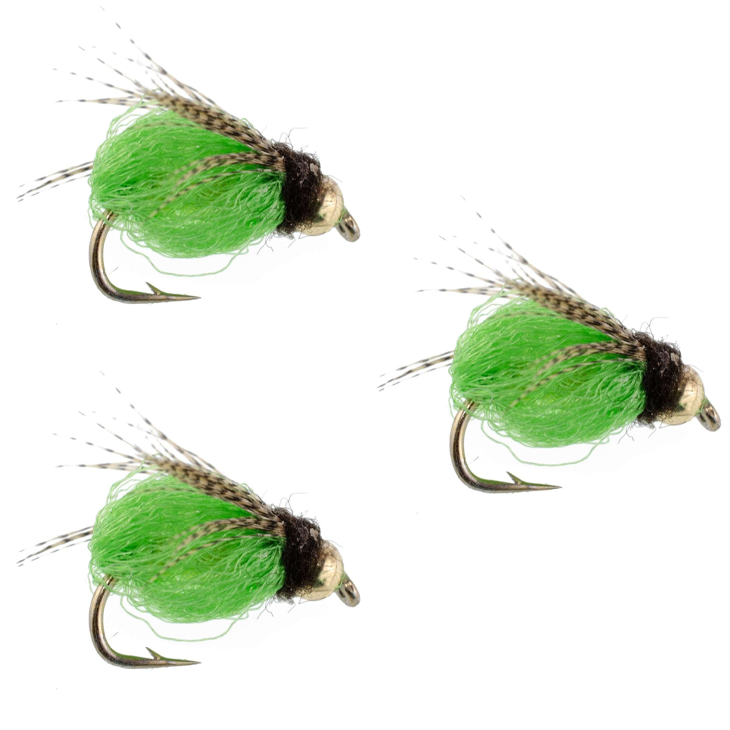 Paquete de 3 ninfas de caddis Bead Head LaFontaine Bright Green Deep Sparkle - Tamaño de anzuelo 12