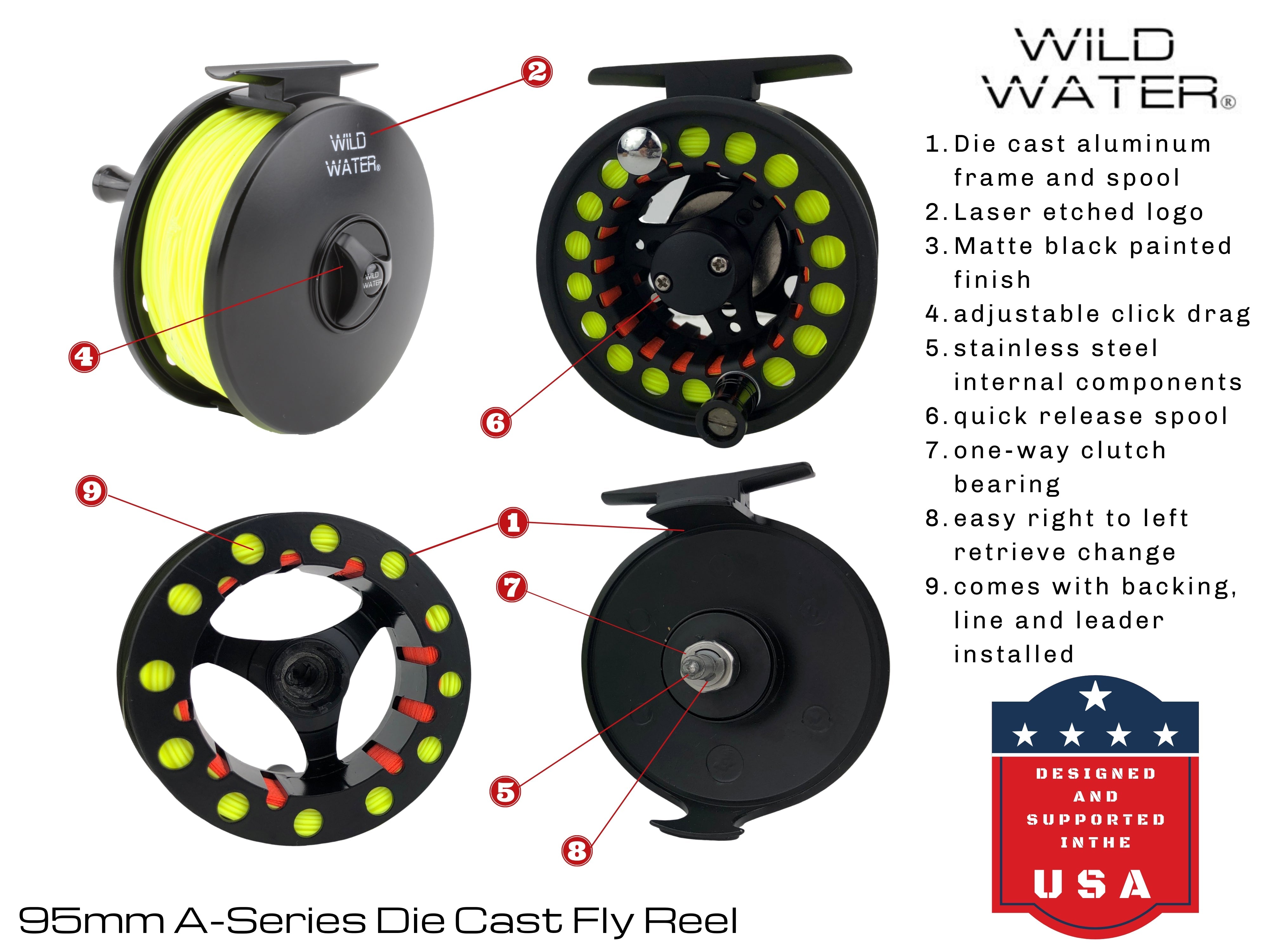 Carrete de pesca a mosca de fundición a presión, peso 7 u 8, línea flotante WF 8wt | Bobina de 30# | Líder 0X | Pesca a mosca Wild Water