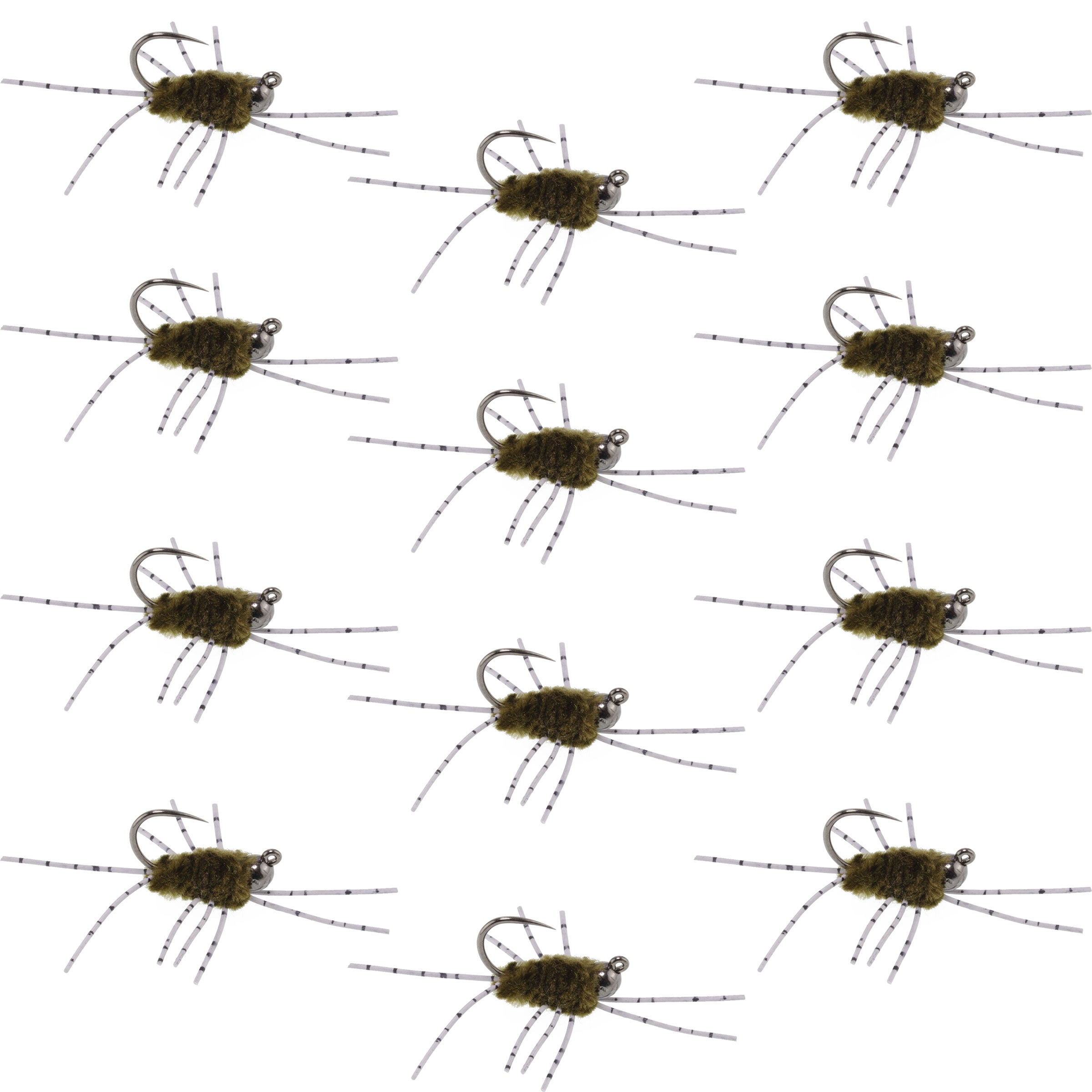 Ninfa europea de patas de goma sin rebaba con jig de tungsteno, oliva oscuro, 12 moscas #6