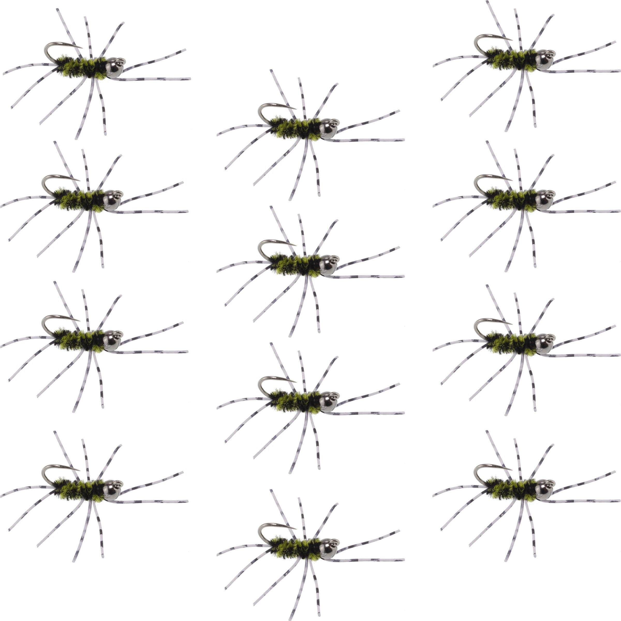 Pat's Rubber Legs Tungsten Jig Black/Olive Euro Nymphe 12 Mouches Taille 6