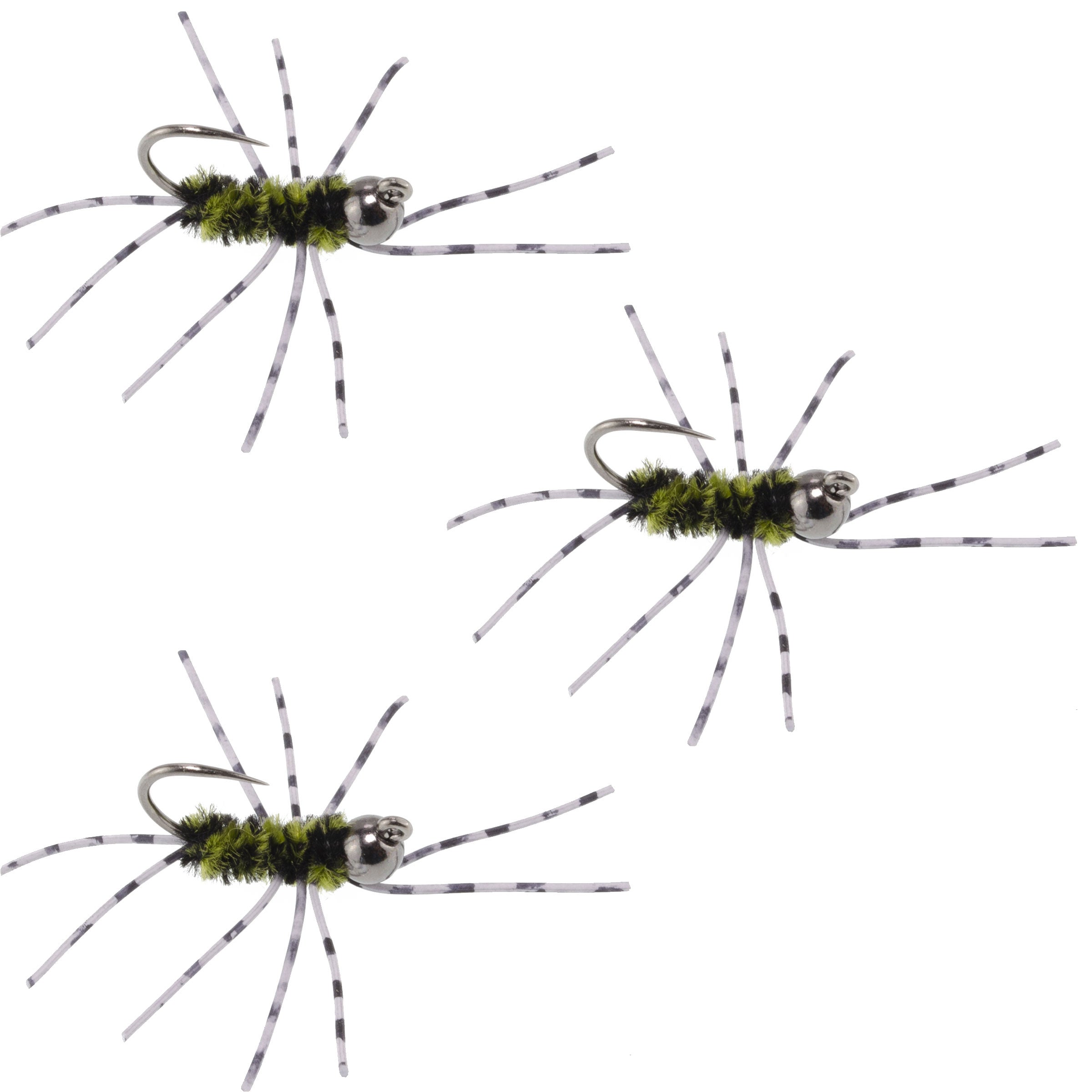Paquete de 3 Patas de Goma de Pat Ganchos de Tungsteno para Ninfas Euro Negras/Verde Oliva, Talla 6