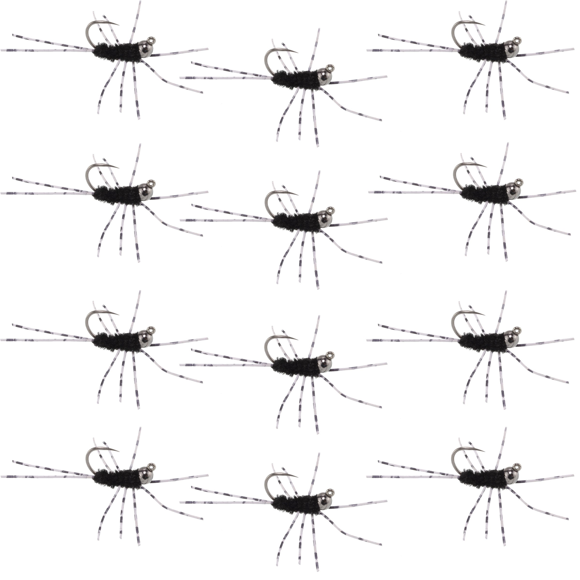 Ninfas europeas Jig de tungsteno con patas de goma sin rebaba, negras, 12 moscas n.º 6