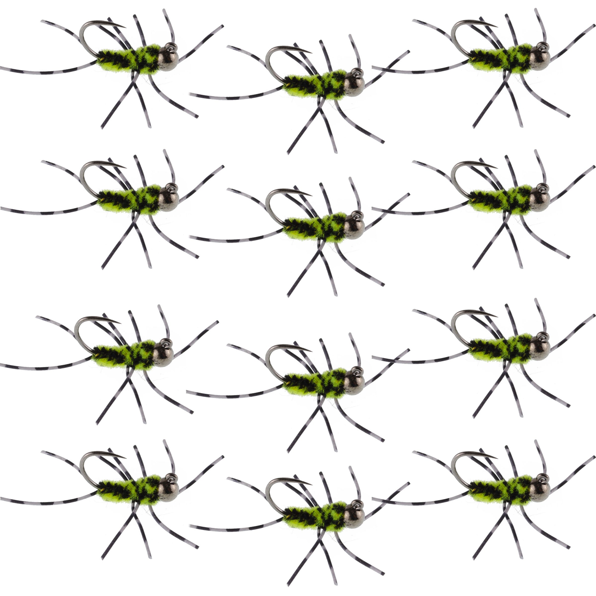 Pat's Rubber Legs Tungsten Jig Black/Chartreuse Euro Nymphe 12 Mouches Taille 6