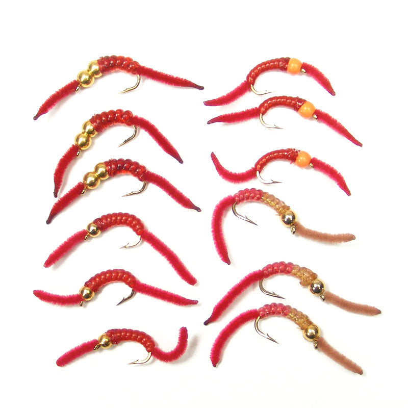 Surtido de 12 moscas San Juan Worm de tungsteno sin muerte, con Power Bead, tamaño 10