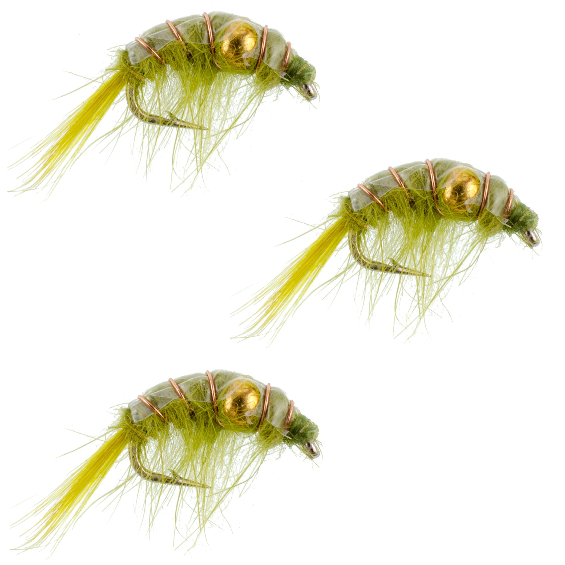 Pack de 3 ninfas "Shrimp Scud" con cuentas de color oliva - Talla 16 - Para pesca con mosca en lagos de cola de presa