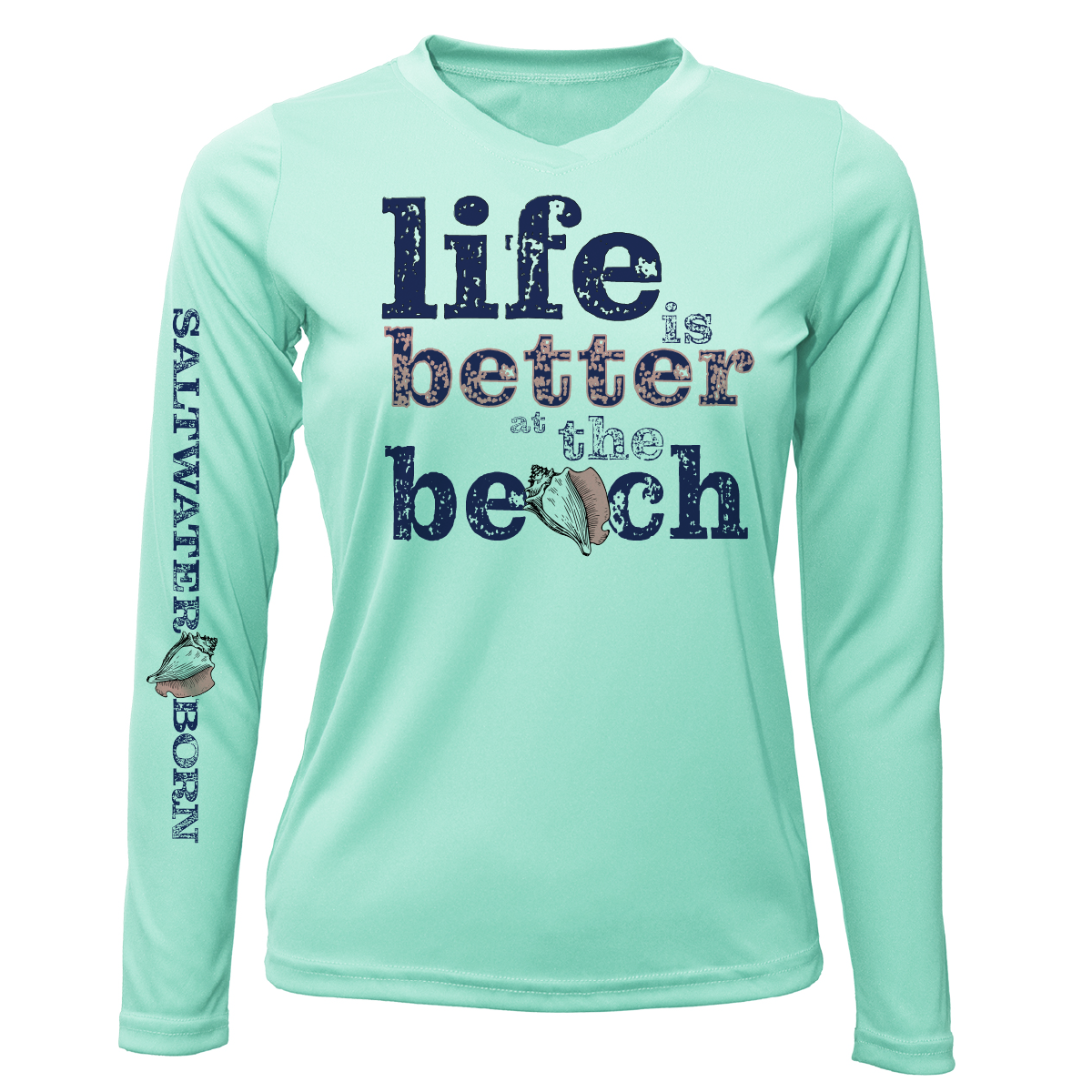 "Life Is Better At The Beach" Conch Women's Long Sleeve UPF 50+ Dry-Fit Shirt (No Back)