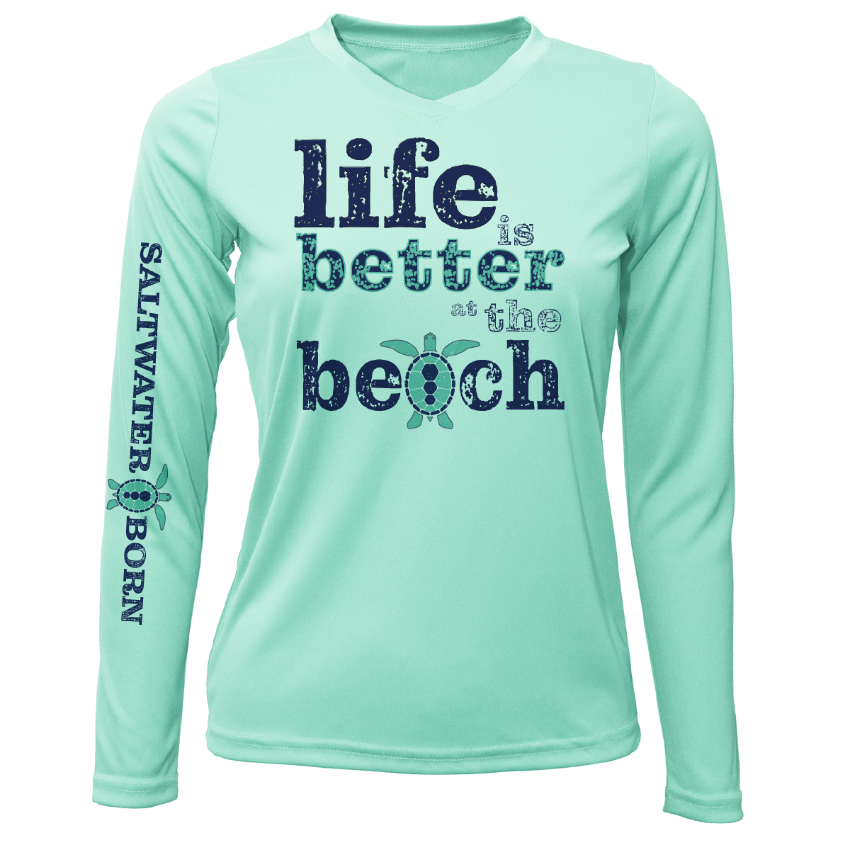 "Life Is Better At The Beach" Turtle Women's Long Sleeve UPF 50+ Dry-Fit Shirt (No Back)