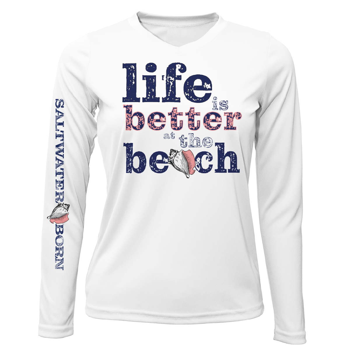 "Life Is Better At The Beach" Conch Women's Long Sleeve UPF 50+ Dry-Fit Shirt (No Back)