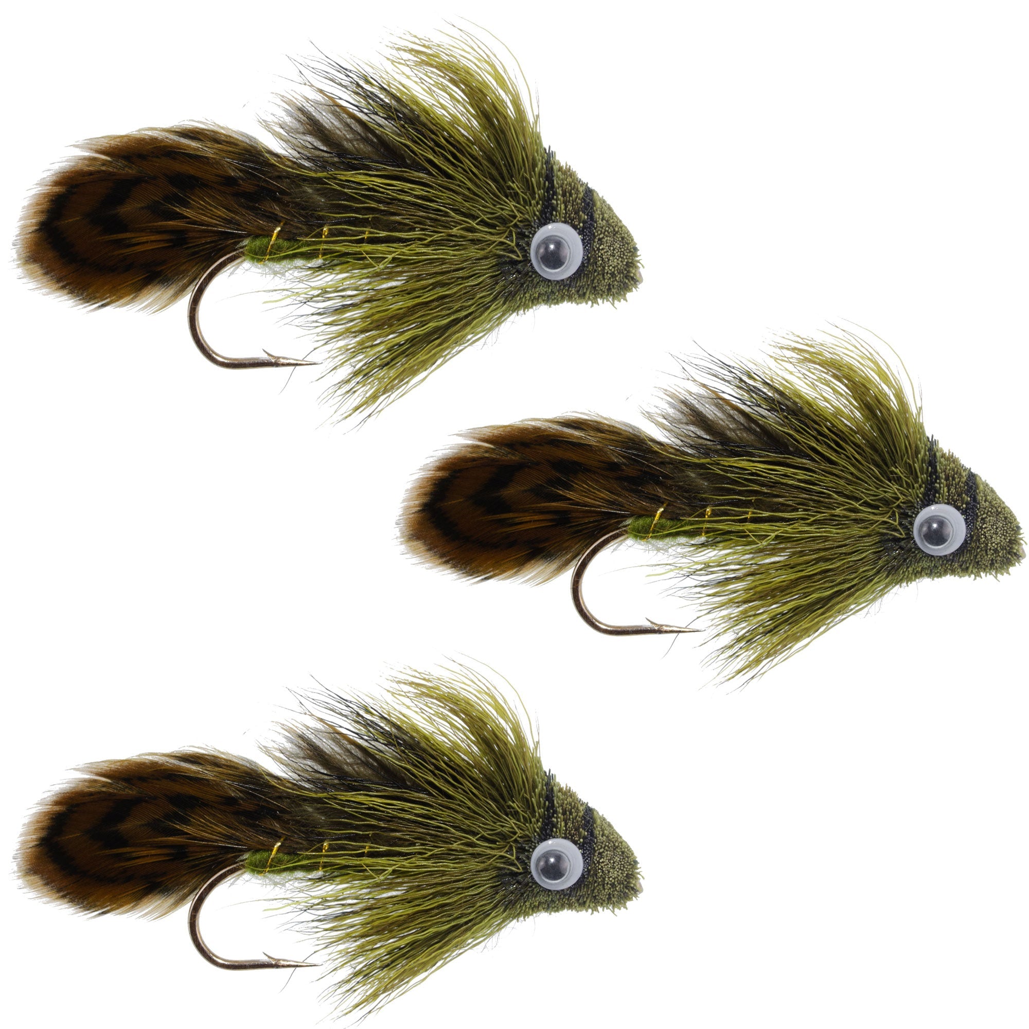 Paquete de 3 moscas de pesca Big Eye Olive Sculpin Streamer - Anzuelo tamaño 2