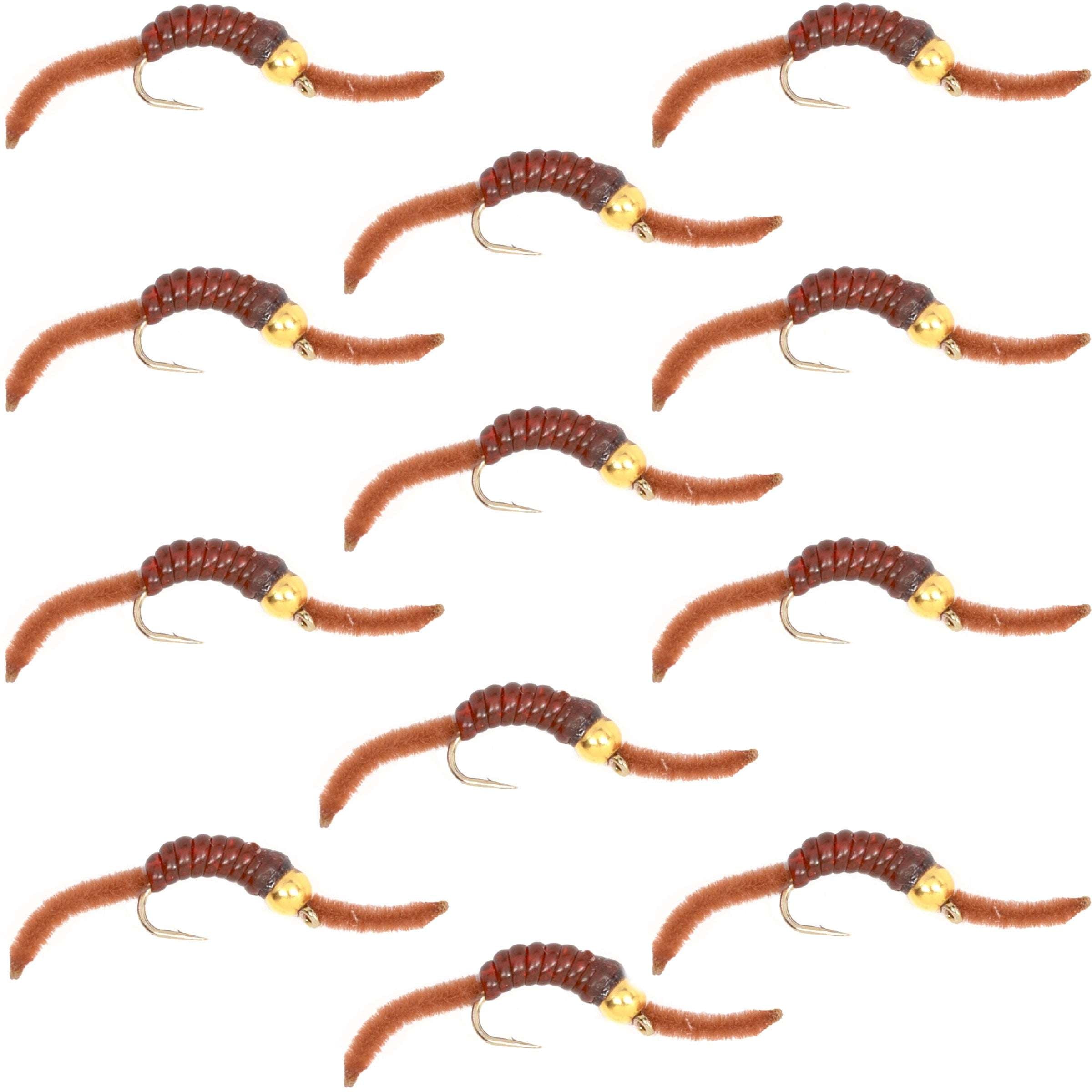 Anzuelo sin muerte de tungsteno San Juan con cabeza de bola de gusano Power Worm color marrón, 12 moscas, tamaño 12