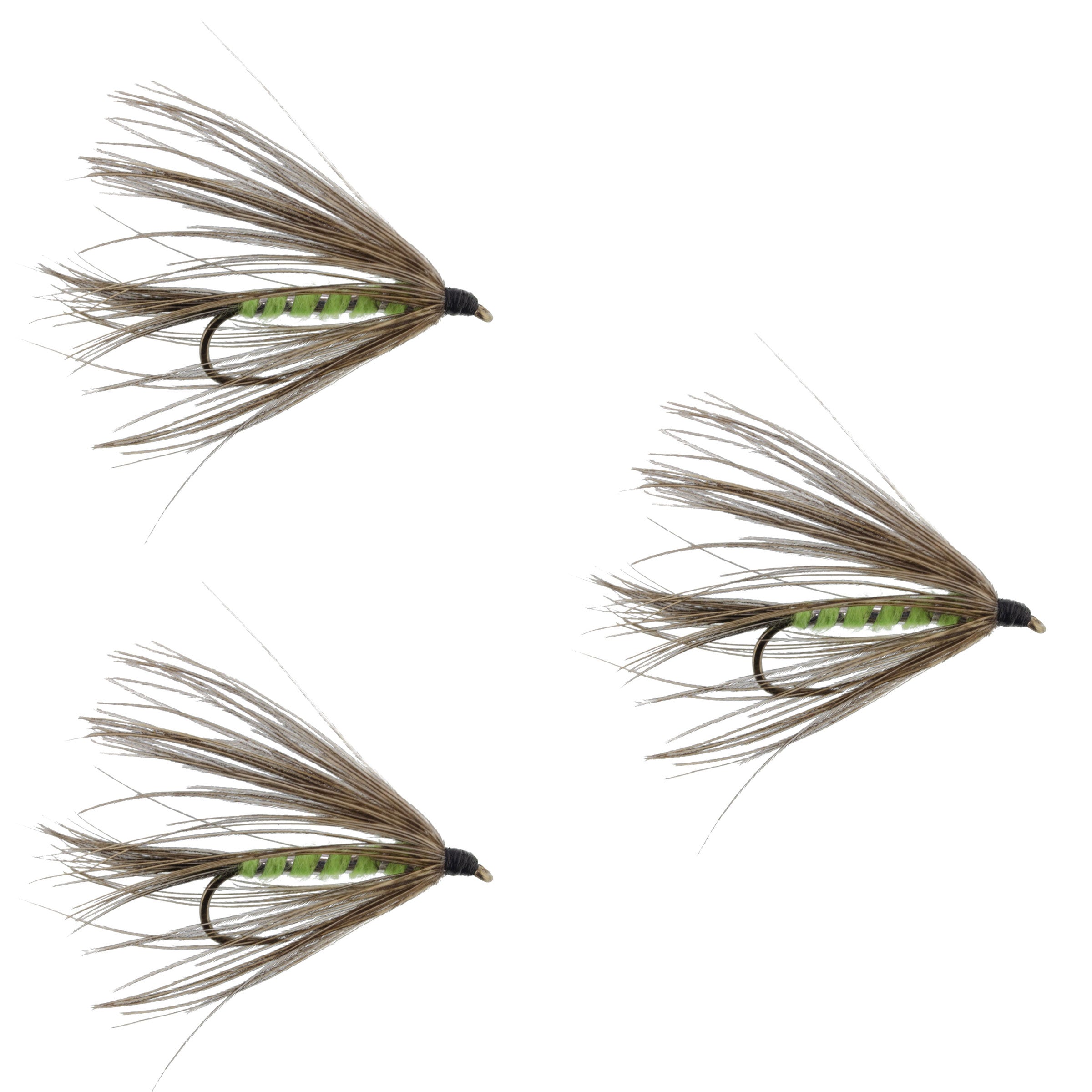 Paquete de 3 moscas húmedas Carey Special Soft Hackle Grouse y Bright Green – Tamaño de anzuelo 10