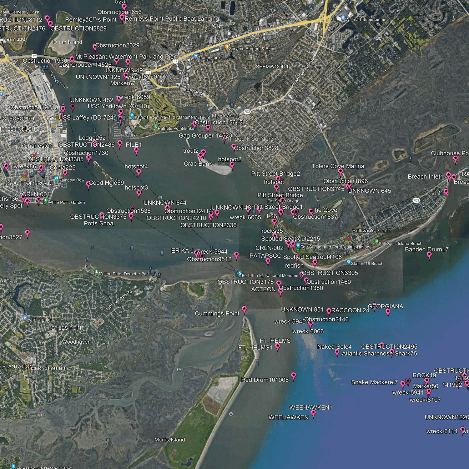 Lugares de pesca en Charleston - Números cerca de la costa