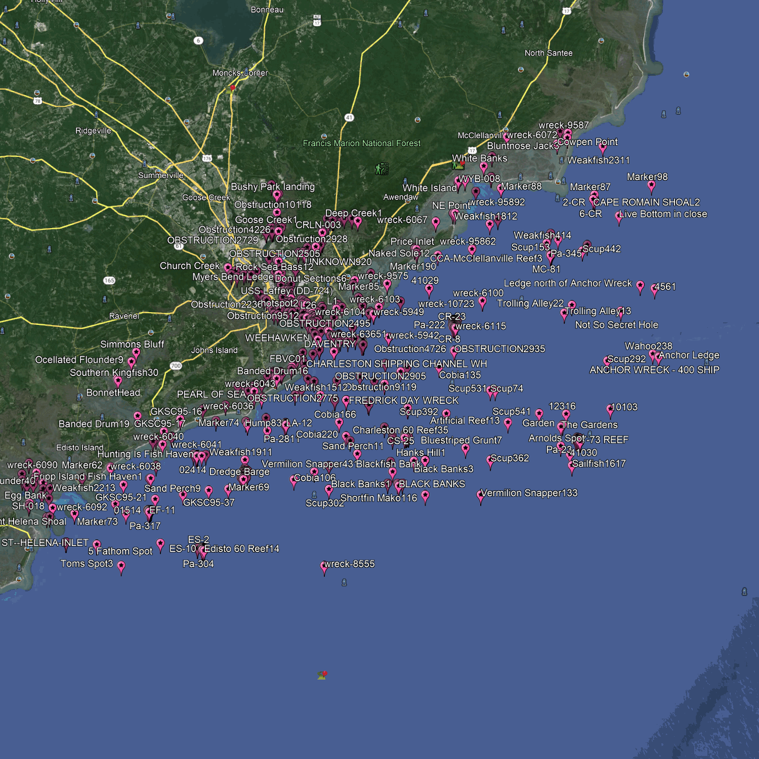 Charleston Fishing Spots -  Nearshore Numbers