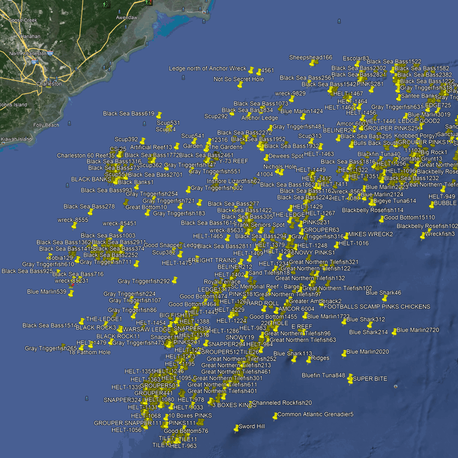 Charleston Fishing Spots - Offshore Numbers
