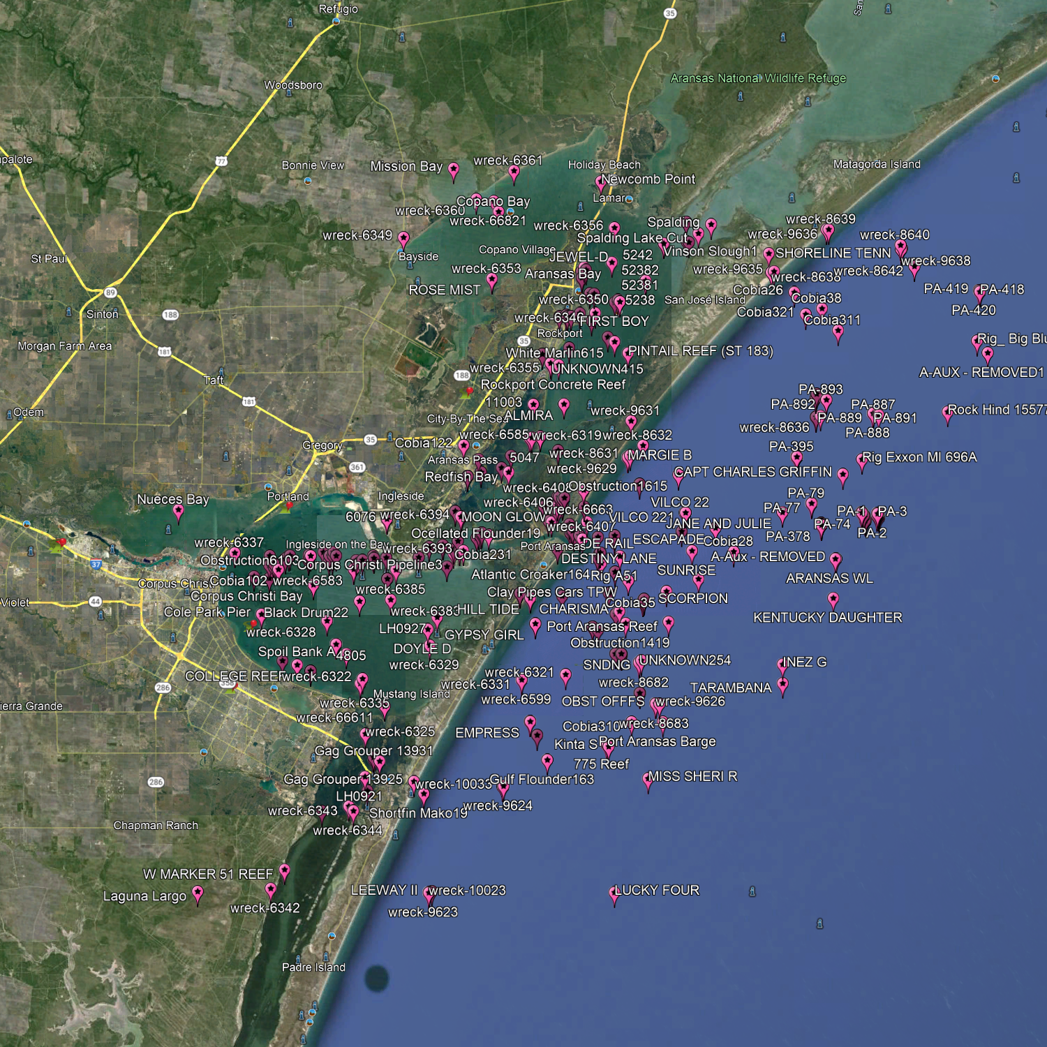 Corpus Christi  Fishing Spots - NearShore Numbers