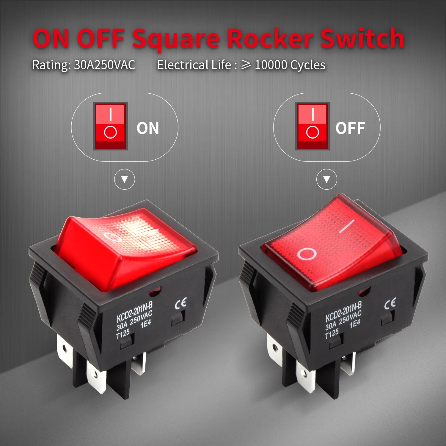 DaierTek 5PCS 30A 250V Heavy Duty KCD4 Rocker Switch ON Off DPST 4 Pin With Red Lighted 220V Toggle Switch T125 Bobber Bargain