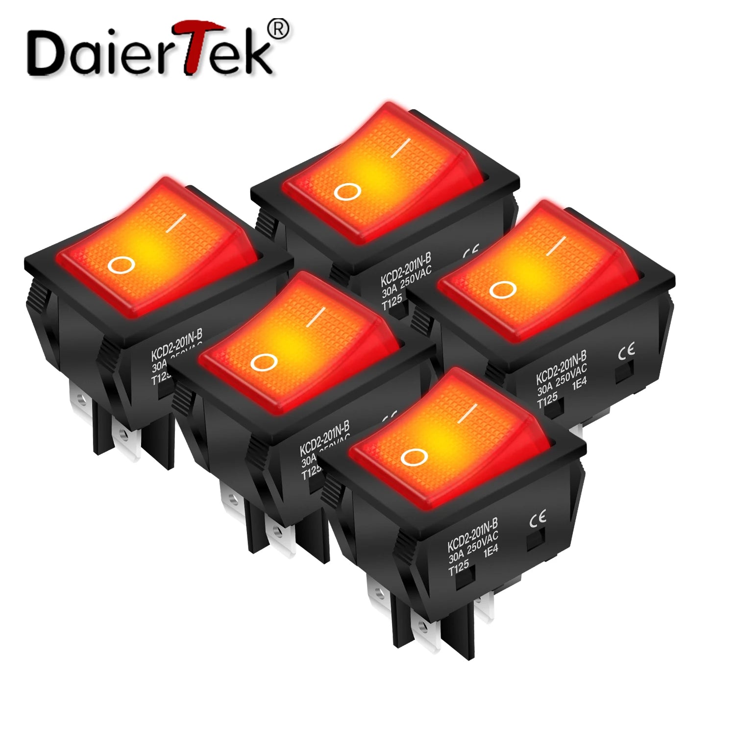 DaierTek 5PCS 30A 250V Heavy Duty KCD4 Rocker Switch ON Off DPST 4 Pin With Red Lighted 220V Toggle Switch T125 Bobber Bargain