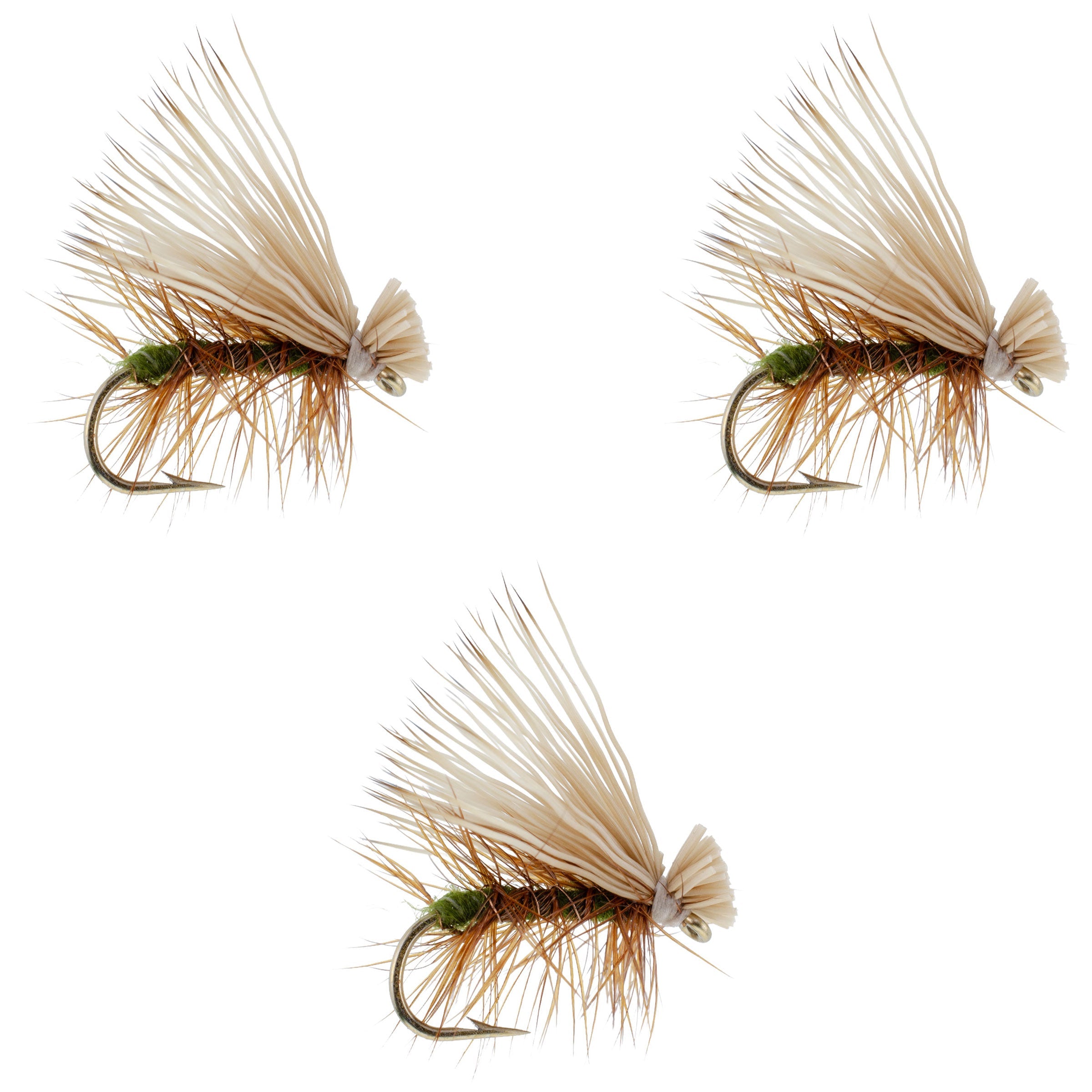 Pack de 3 moscas secas clásicas Olive Elk Hair Caddis para trucha - Tamaño de anzuelo 14