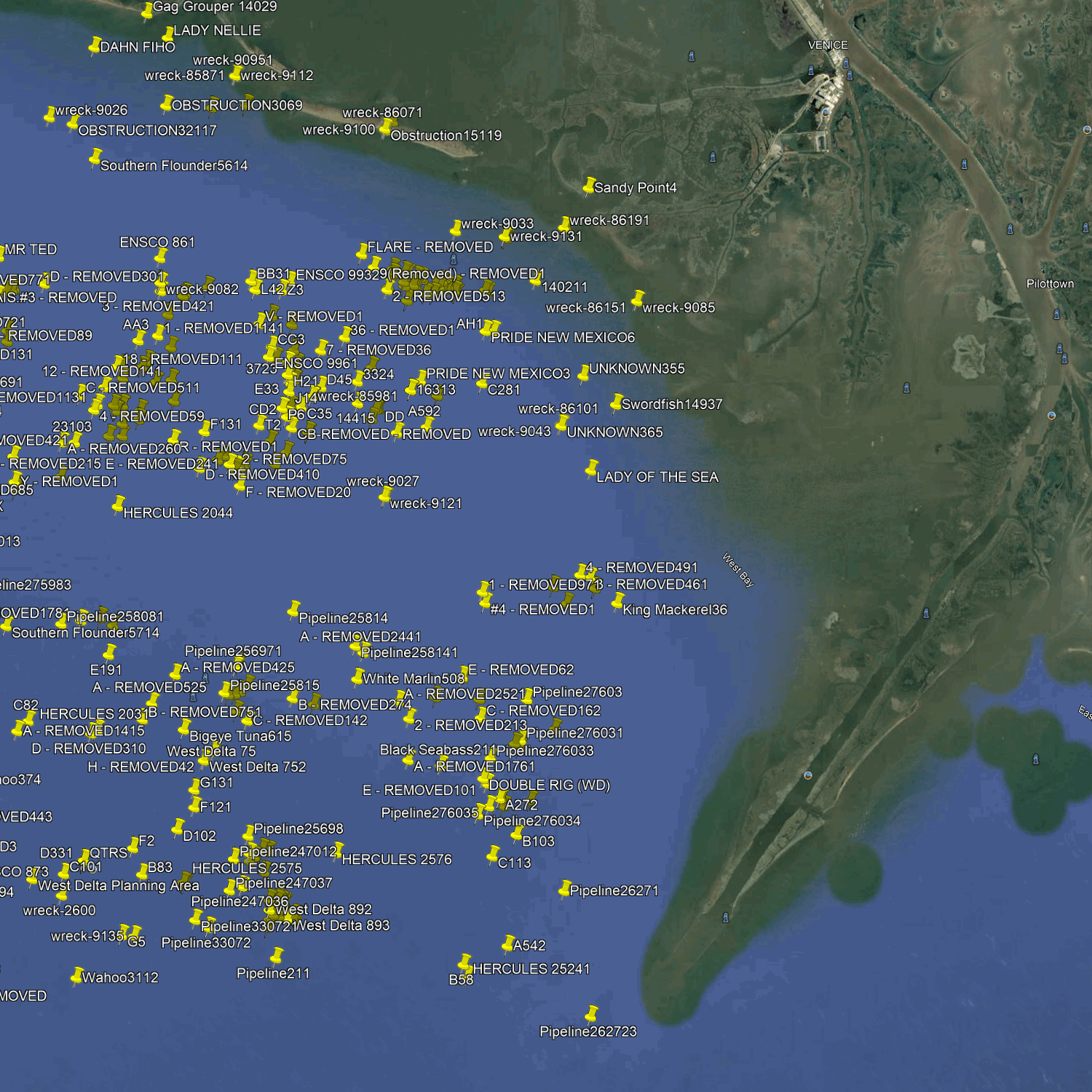 Lugares de pesca en Grand Isle - Números de bajura
