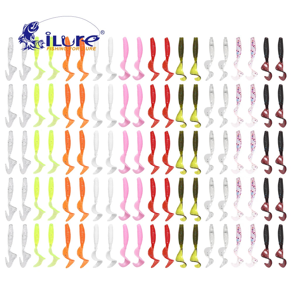 ILURE 100Pcs/lot Fishing Lures 40mm0.4g Wobblers Carp Fishing Soft Bait Swimbait Curly Worms Silicone Artificial Soft Bait Pease Bobber Bargain