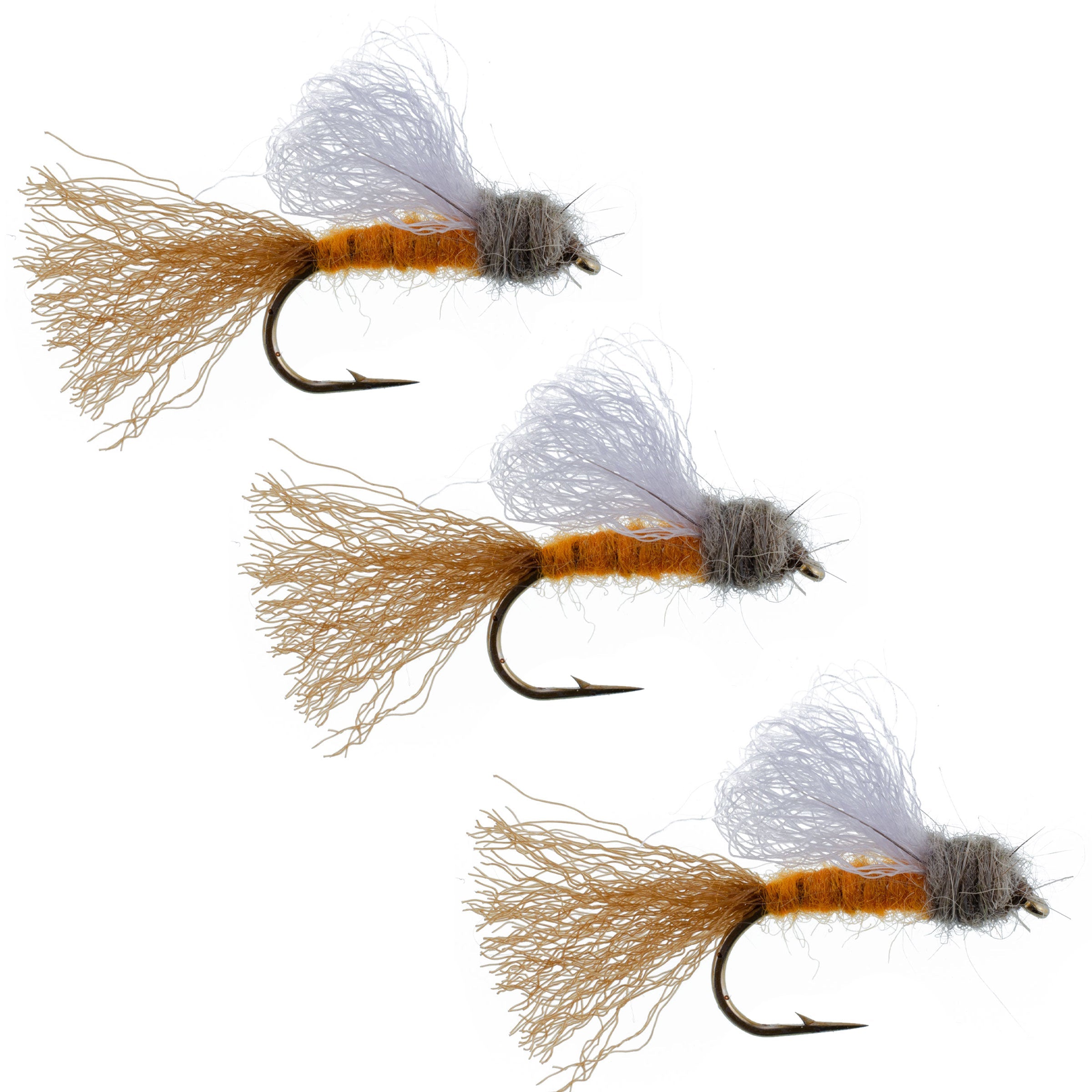 Paquete de 3 de Caddis de Mayo de Iris Naranja Emergente Caddis de Seca para Trucha - Tamaño de Anzuelo 8