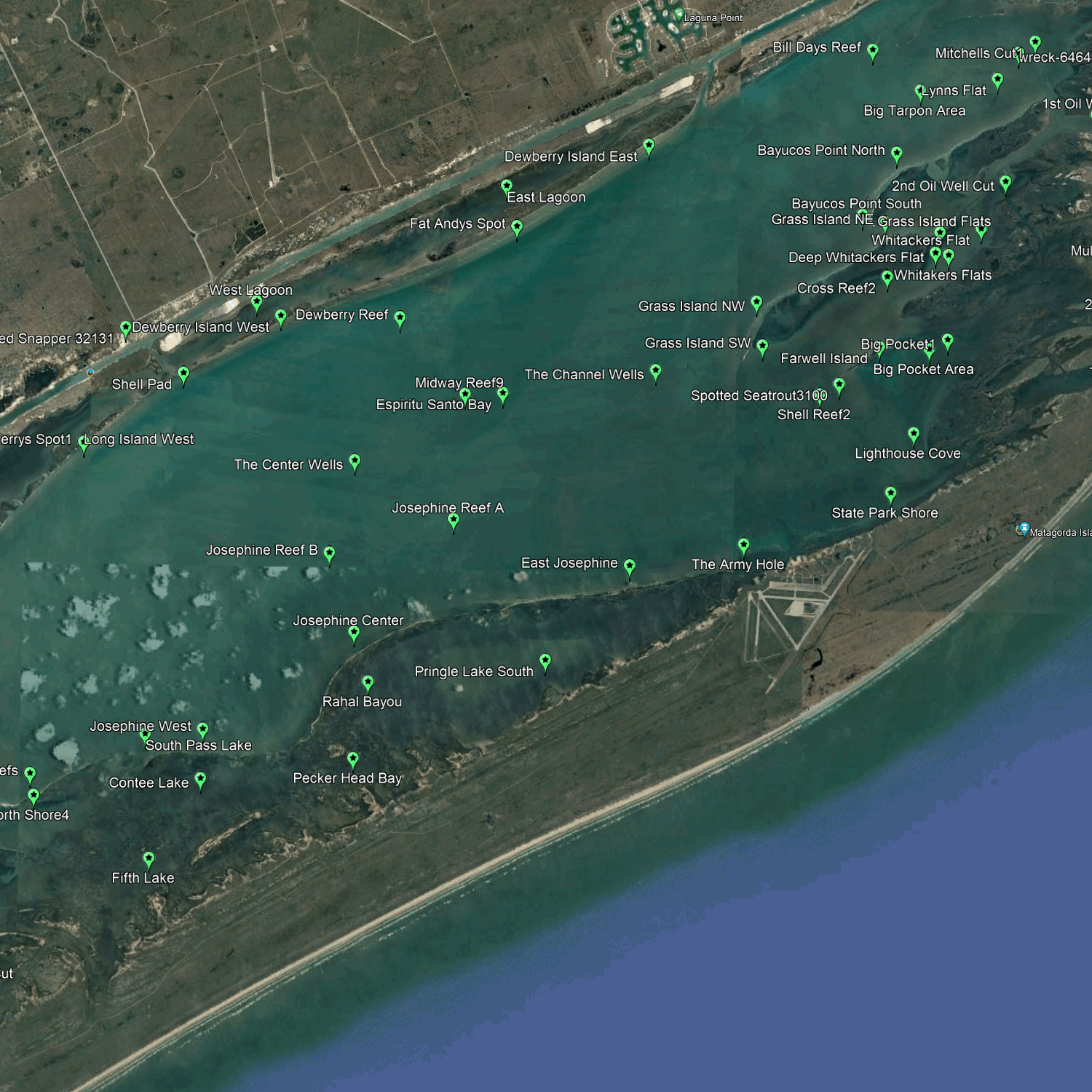 Lugares de pesca costera en la Bahía de Matagorda - Números