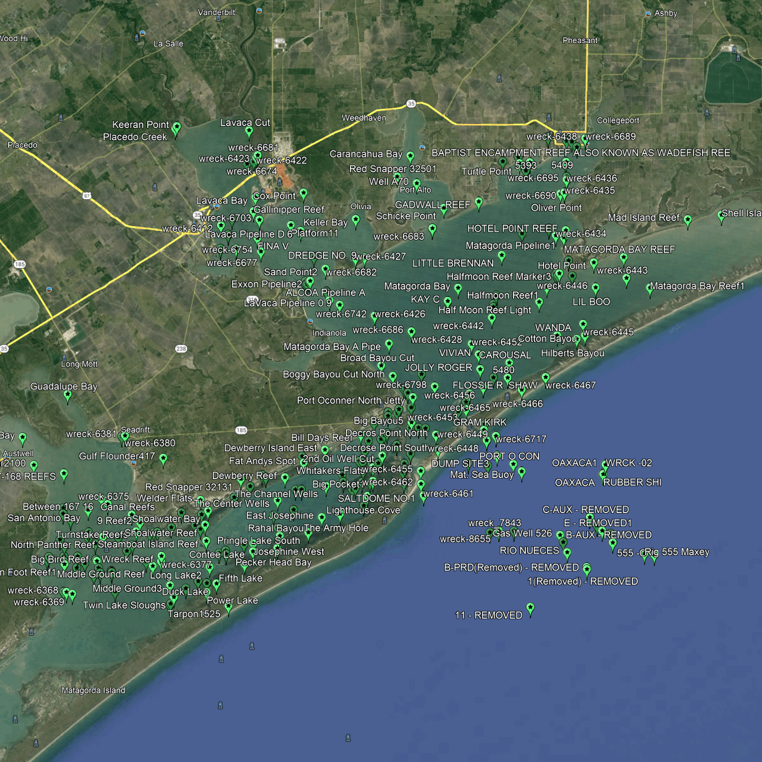 Matagorda Bay Coastal Fishing Spots - Numbers