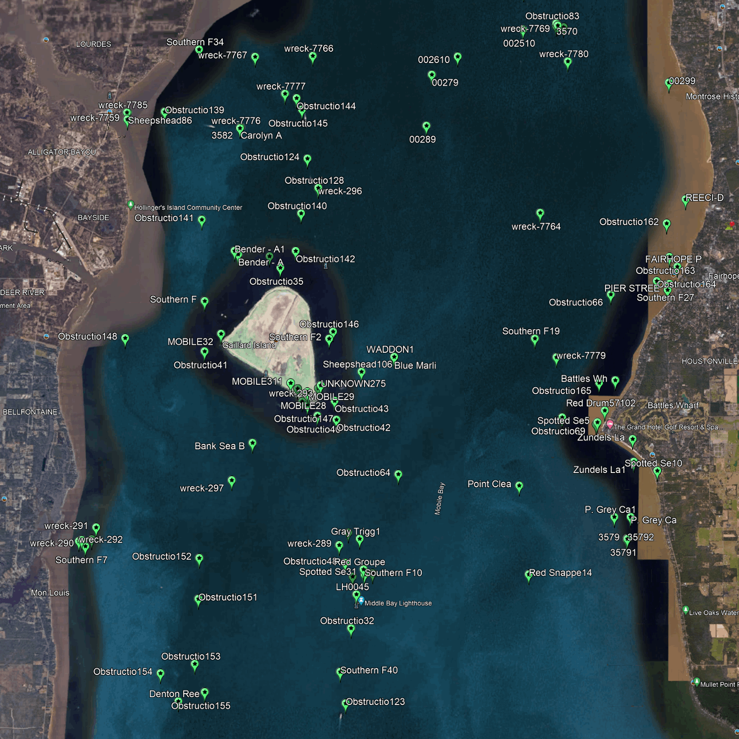 Lugares de pesca en Mobile Bay - Coordenadas