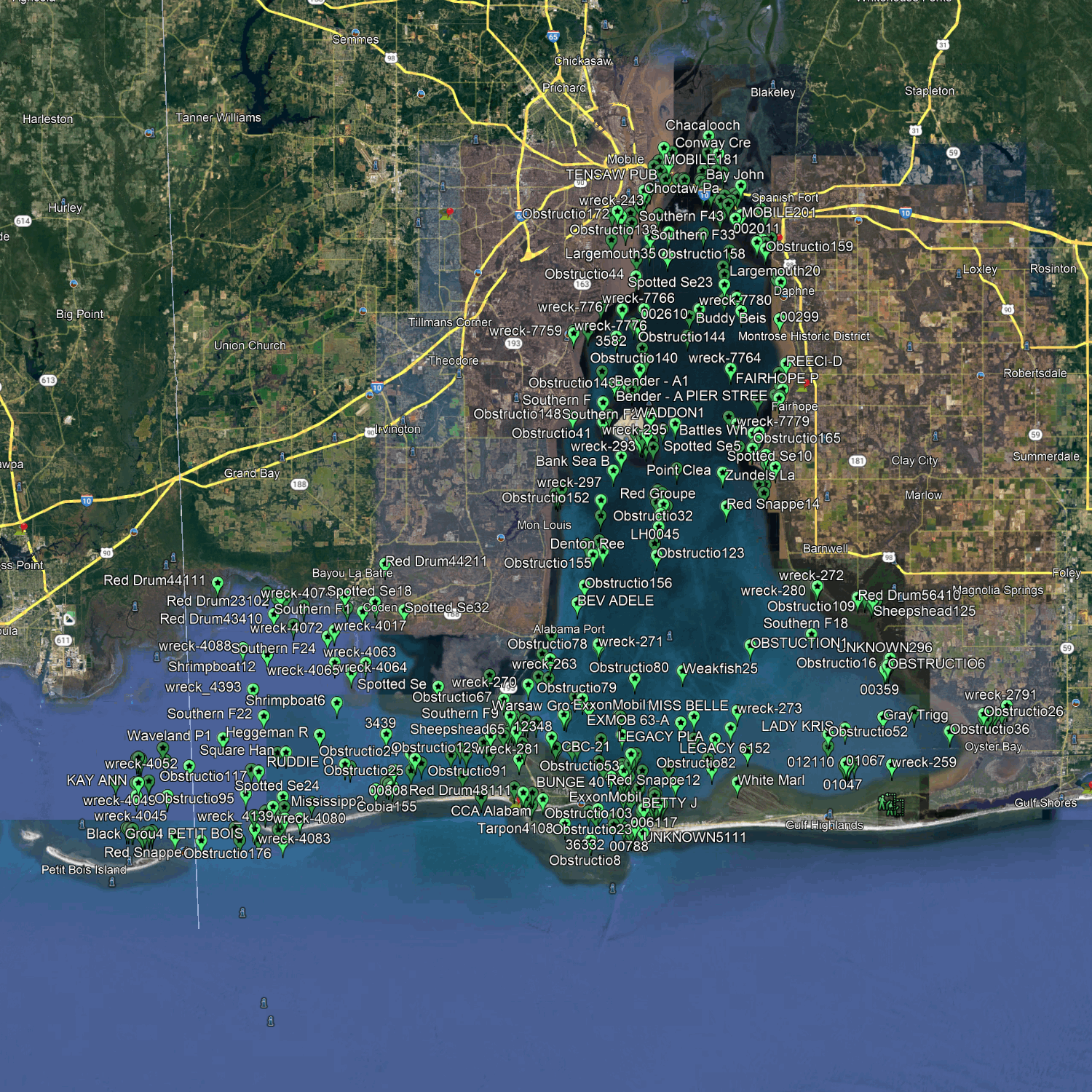 Mobile Bay Fishing Spots - Numbers
