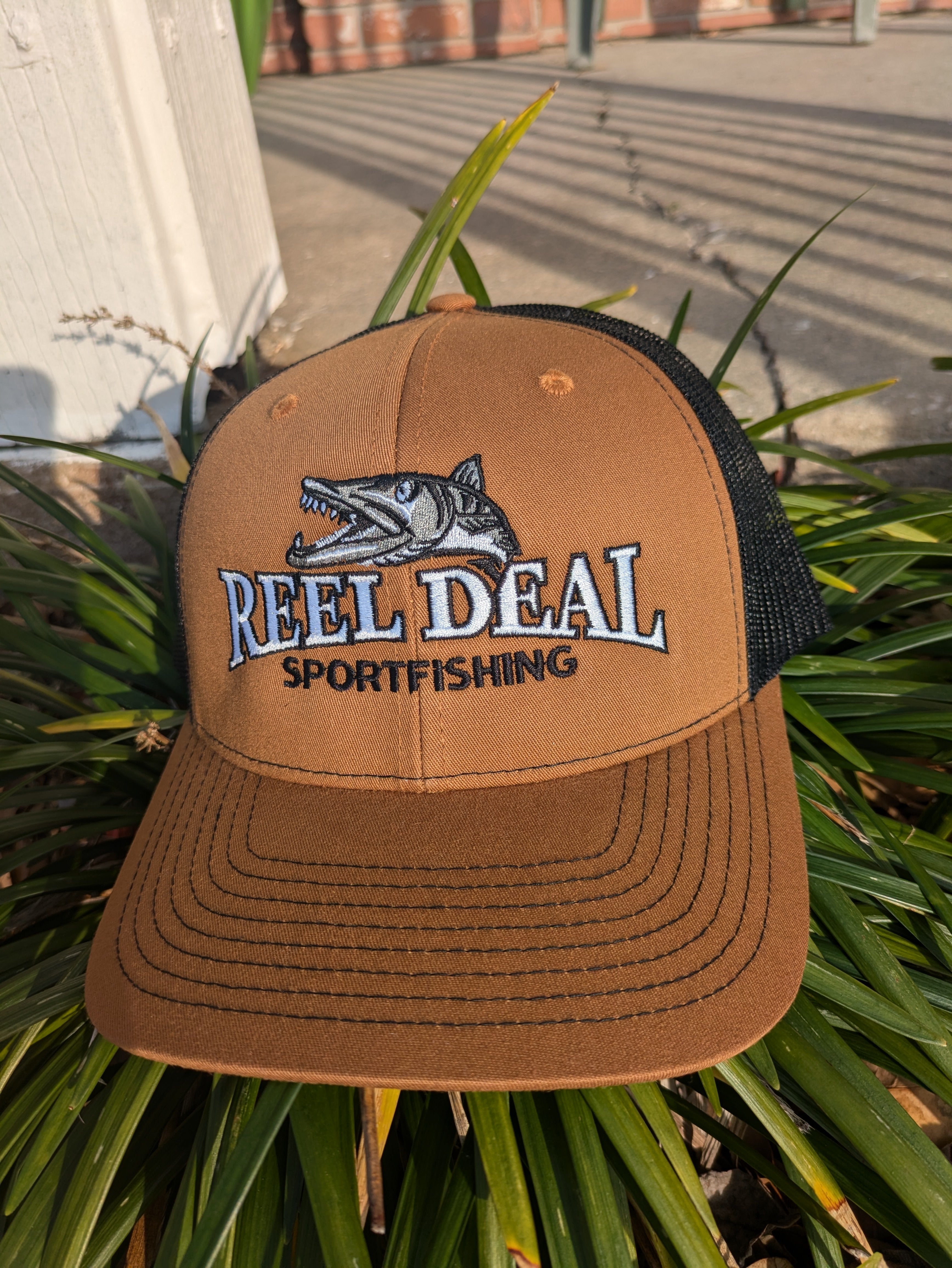 Reel Deal Snapback Hat (Carmel front/Black mesh)