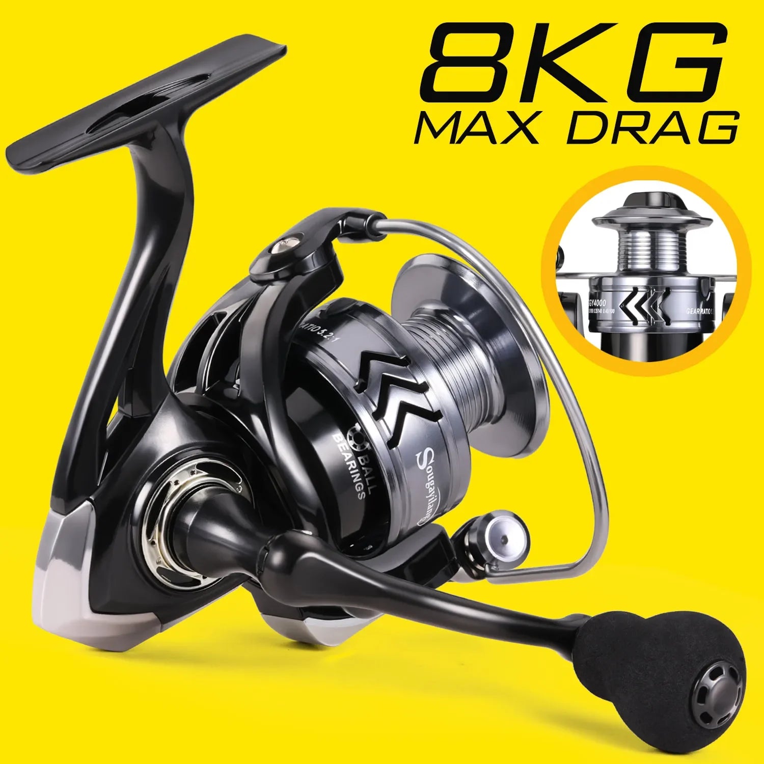 Sougayilang Spinning Fishing Reel 5.2:1 Gear Ratio Aluminum Spool with EVA Handle Max Drag 8kg for Carp Fishing Bass Fishing Bobber Bargain