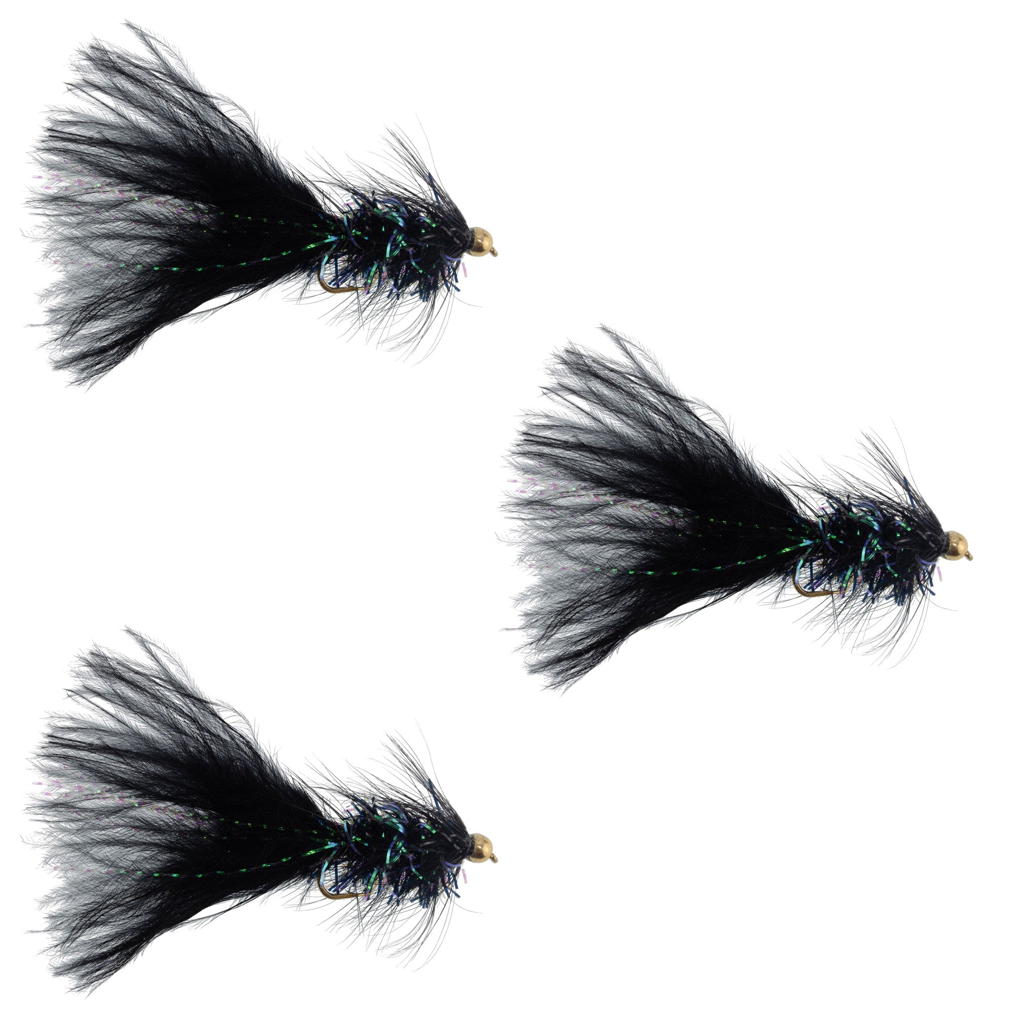Moscas de streamer de lana Crystal Woolly Bugger con cabeza de perla negra, paquete de 3, tamaño 4
