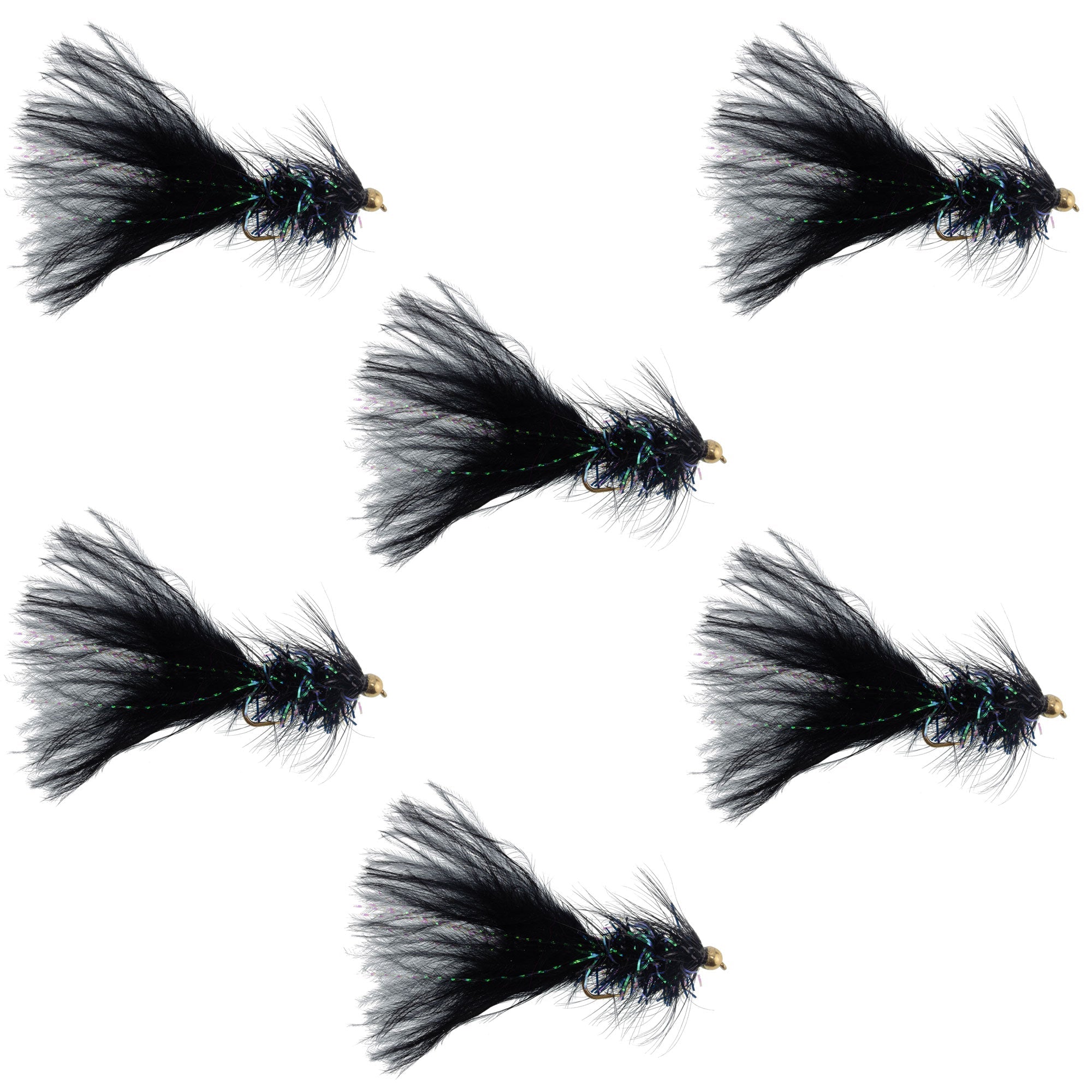 Streamer Woolly Bugger de Lana de Cristal con Cabeza Plomada - Negro - 6 Moscas - Tamaño 4