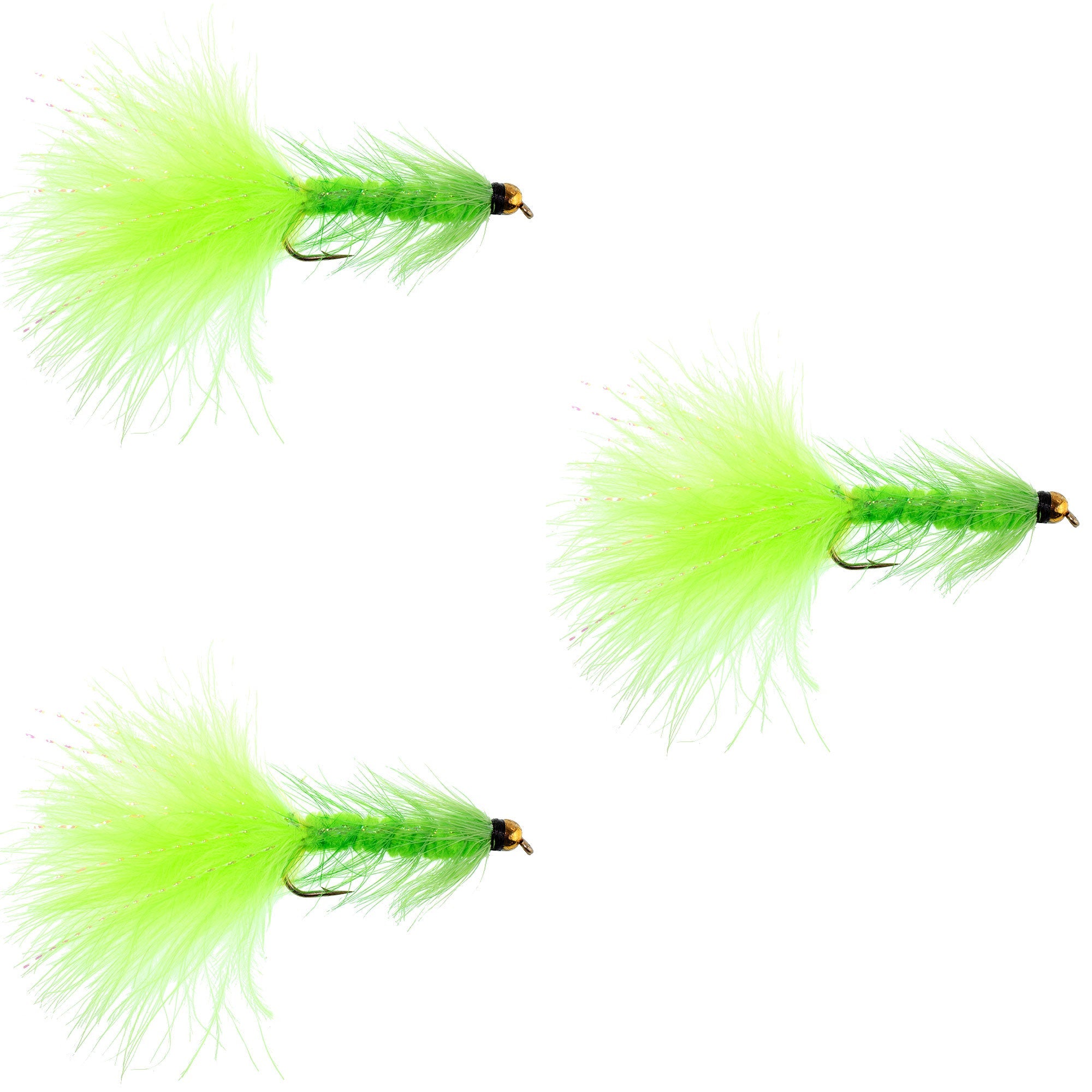 Paquete de 3 moscas de streamer Chartreuse Bead Head Crystal Woolly Bugger - Talla 8